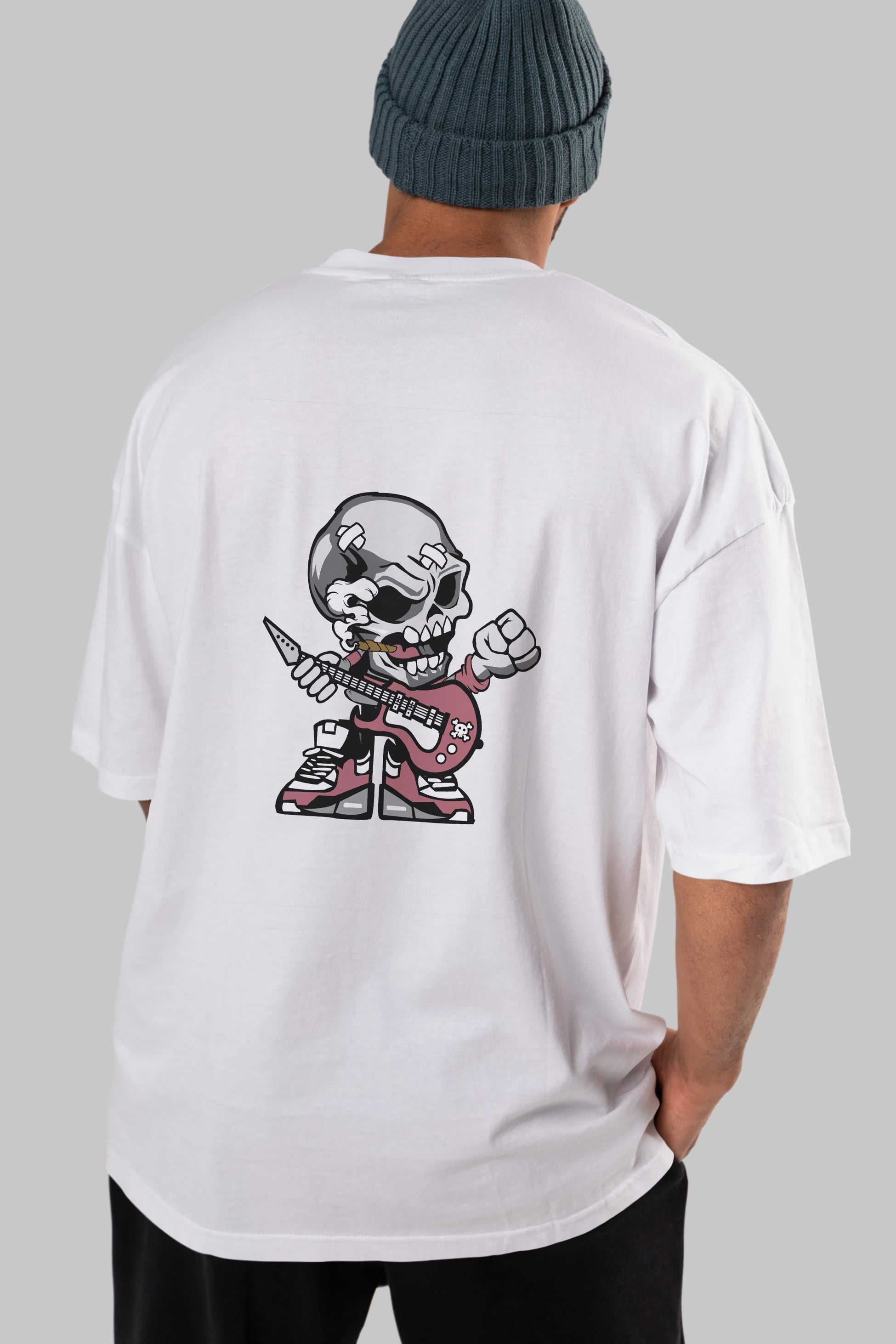 Skull Rockstar Arka Baskılı Oversize t-shirt Erkek Kadın Unisex %100 Pamuk tişort