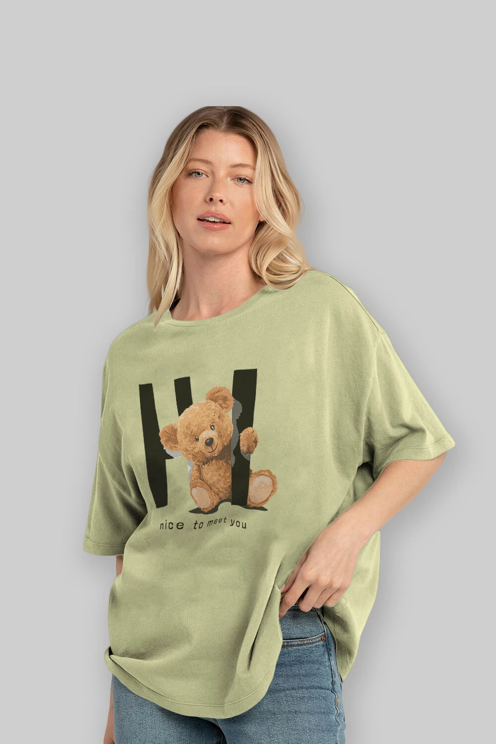 Teddy Bear Hi Nice To Meet You Ön Baskılı Oversize t-shirt Erkek Kadın Unisex %100 Pamuk