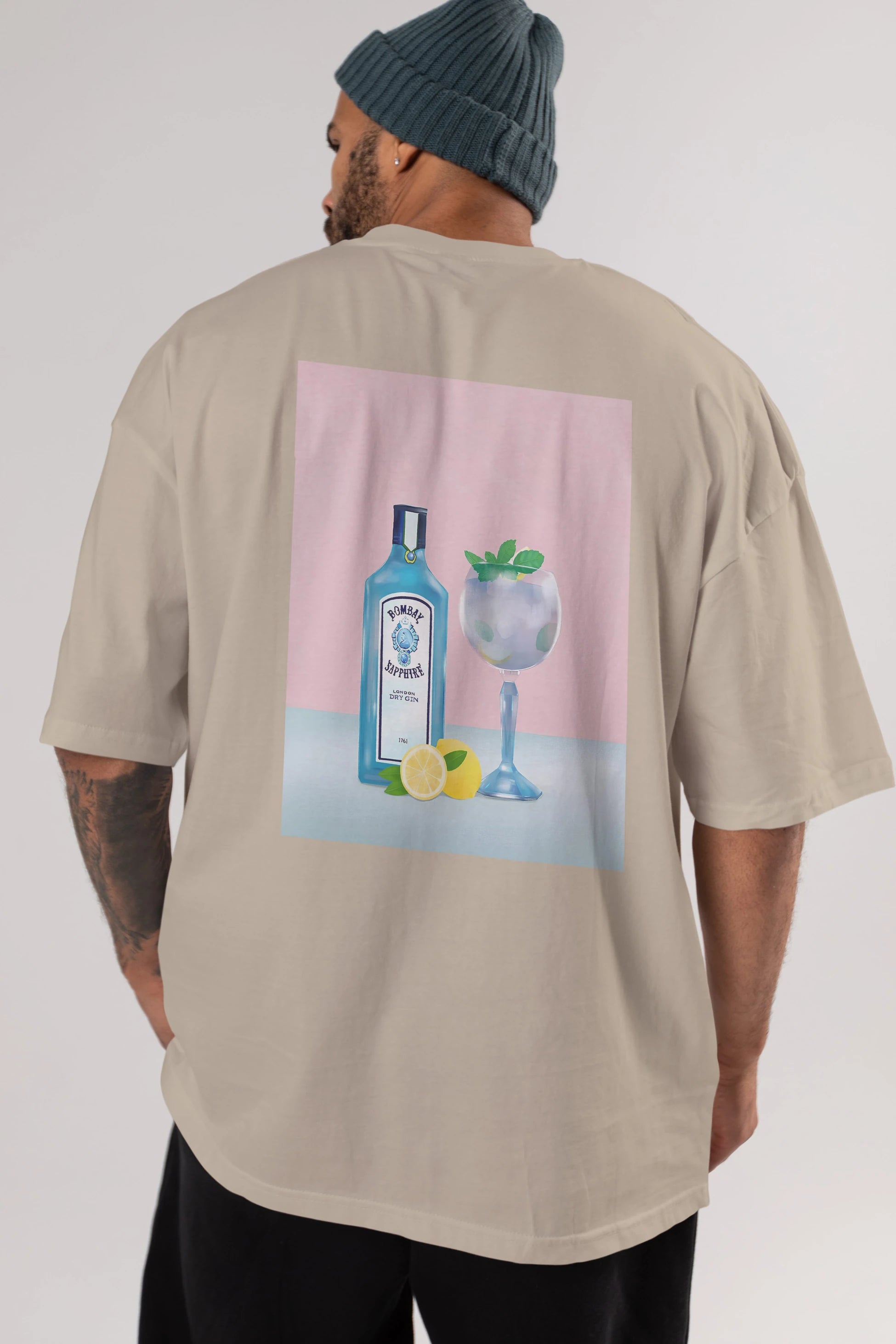 Bombay Sapphire Dry Gin Arka Baskılı Oversize t-shirt Erkek Kadın Unisex %100 Pamuk Bisiklet Yaka tişort