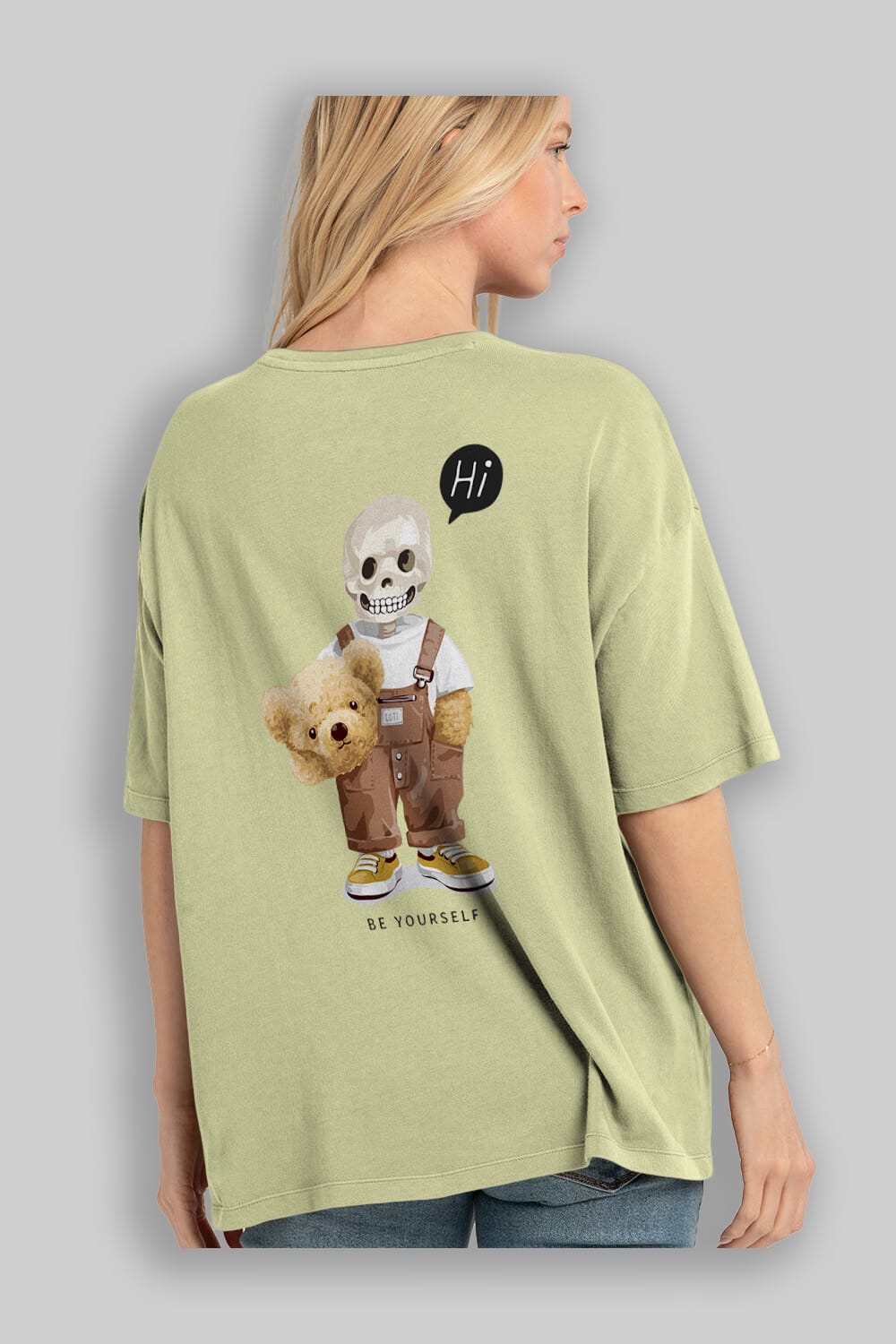Teddy Bear hi Arka Baskılı Oversize t-shirt Erkek Kadın Unisex %100 Pamuk