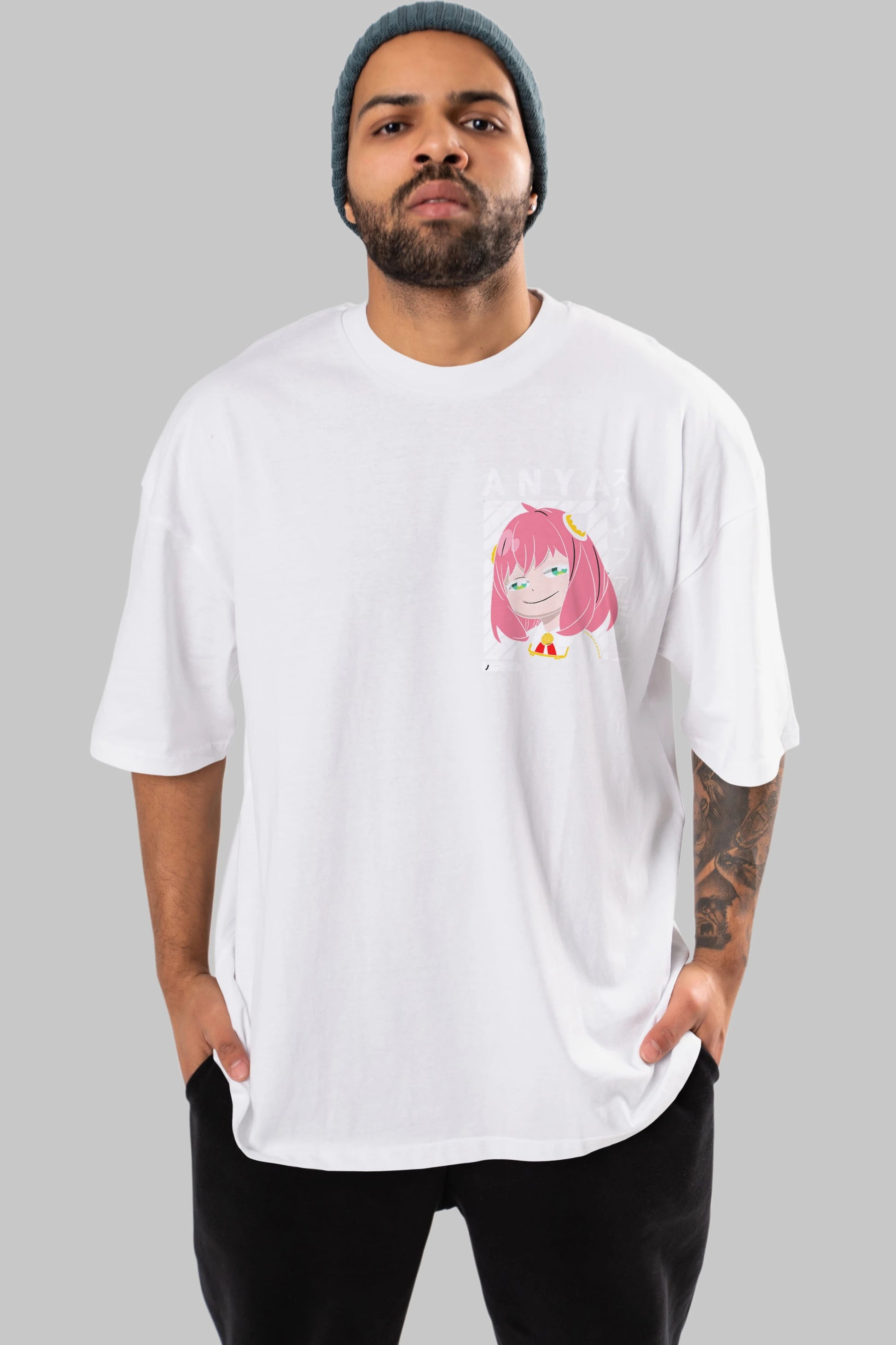 Anya SPYX FAMILY Ön Sol Baskılı Oversize t-shirt Erkek Kadın Unisex %100 Pamuk Bisiklet Yaka tişort