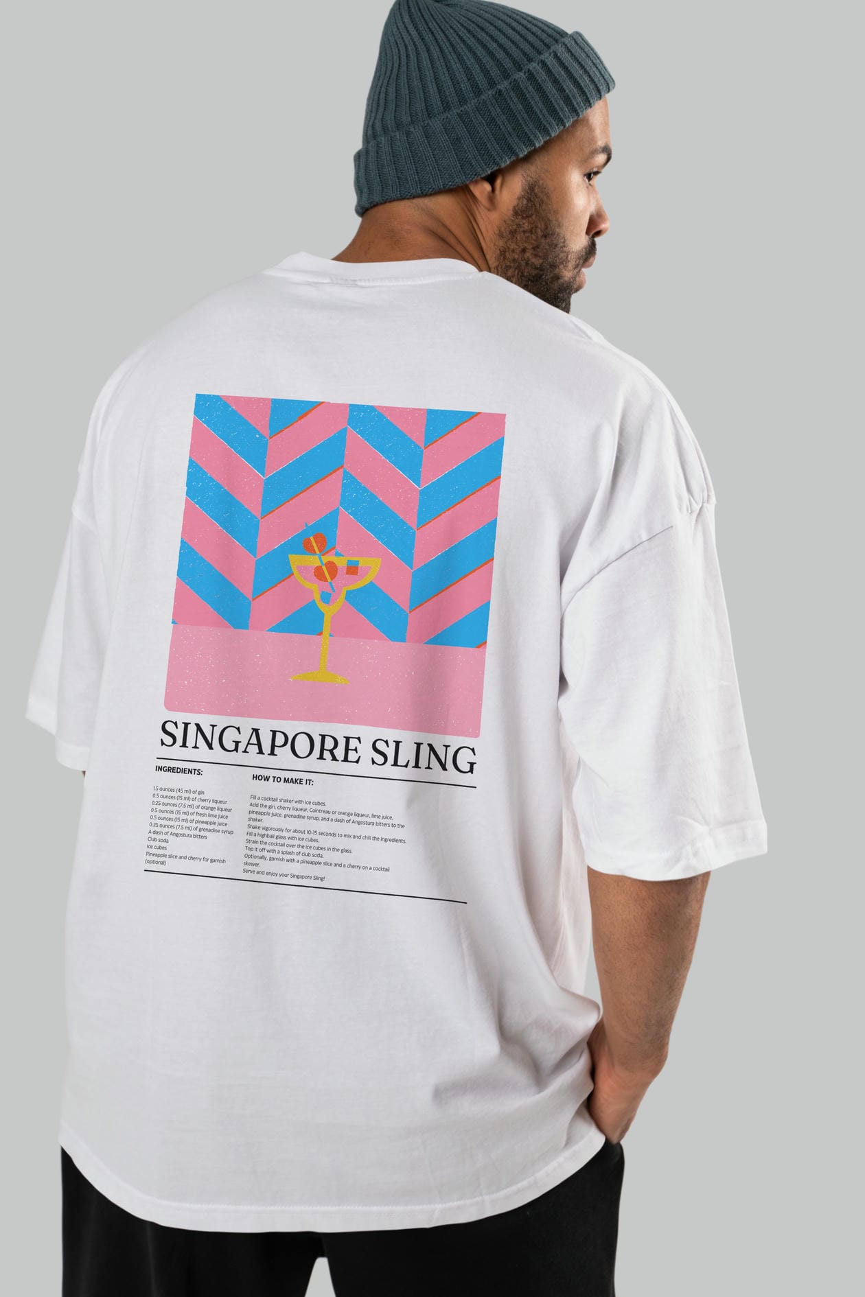 Singapore Sling Kokteyl Serisi Arka Baskılı Oversize t-shirt Erkek Kadın %100 Pamuk Bisiklet Yaka tişort
