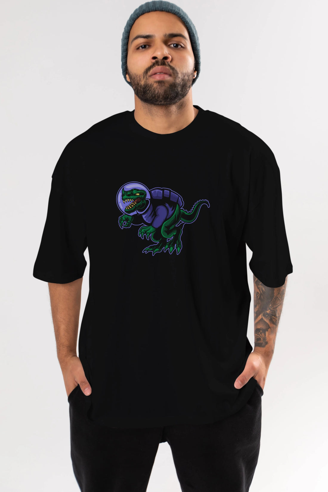 Space Dino Ön Baskılı Oversize t-shirt Erkek Kadın Unisex