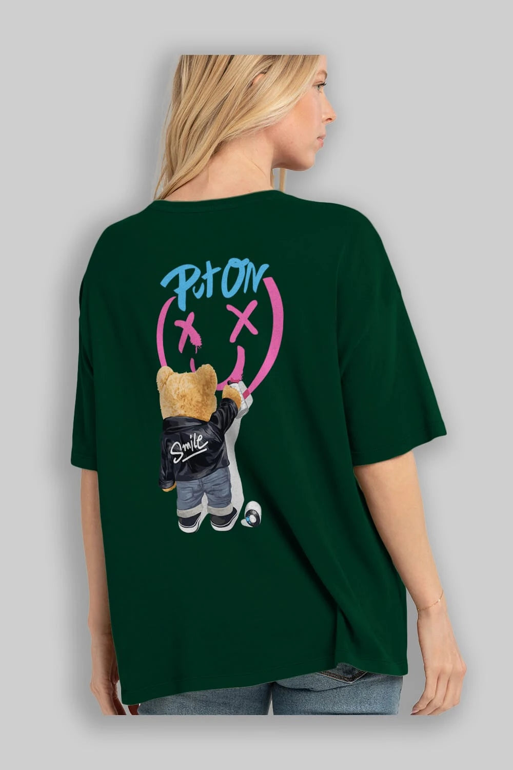 Put on Smile Bear Arka Baskılı Oversize t-shirt Erkek Kadın Unisex