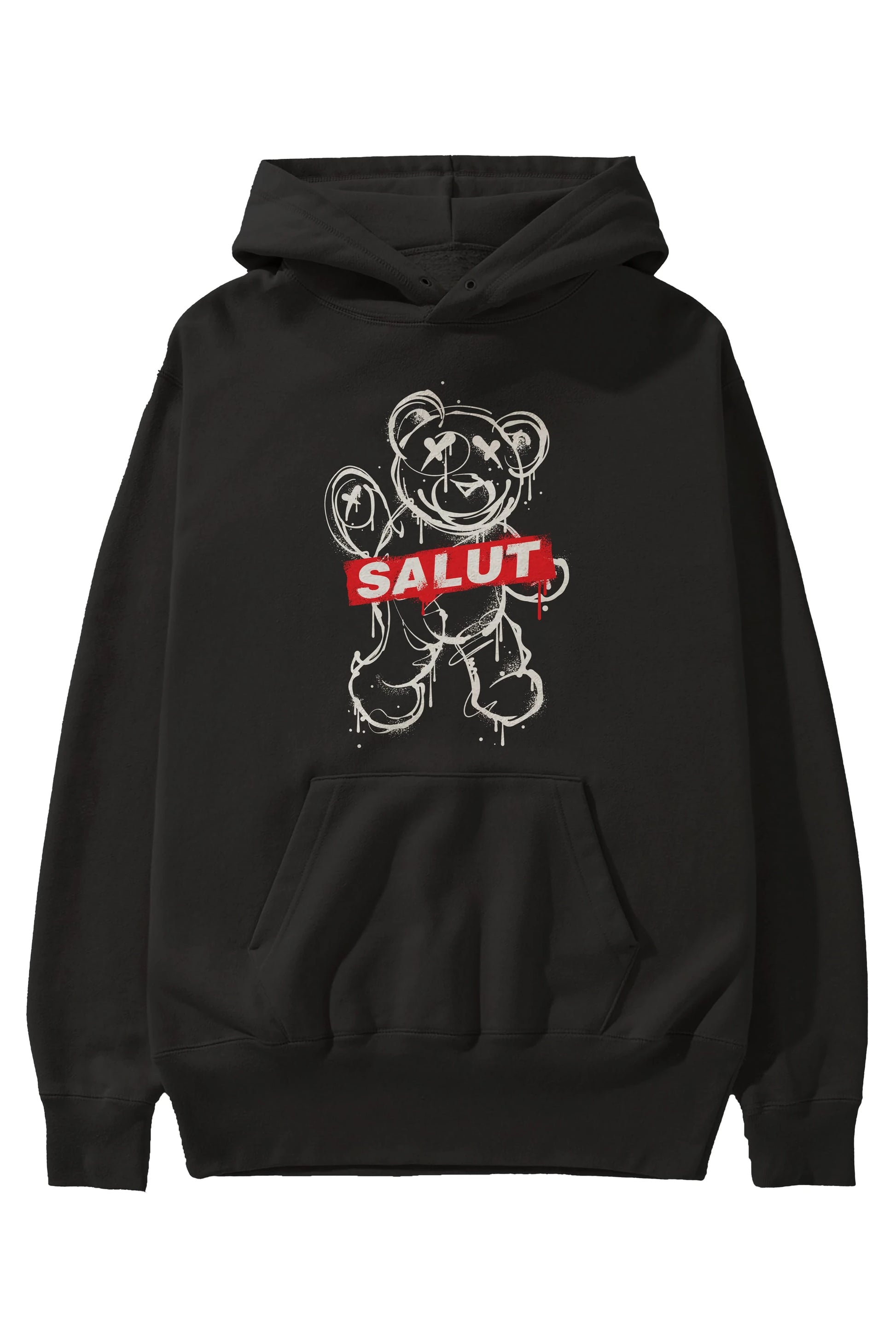 Teddy Bear Salut Ön Baskılı Hoodie Oversize Kapüşonlu Sweatshirt Erkek Kadın Unisex