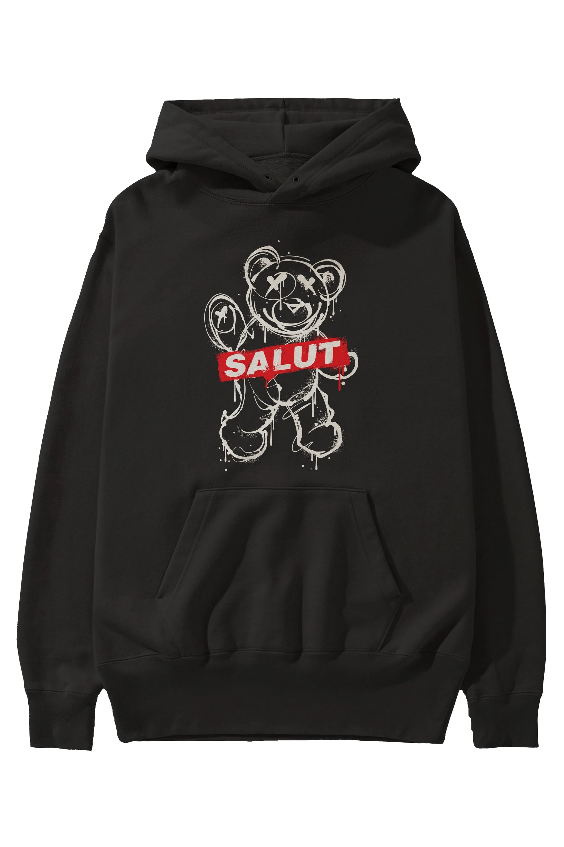 Teddy Bear Salut Ön Baskılı Hoodie Oversize Kapüşonlu Sweatshirt Erkek Kadın Unisex