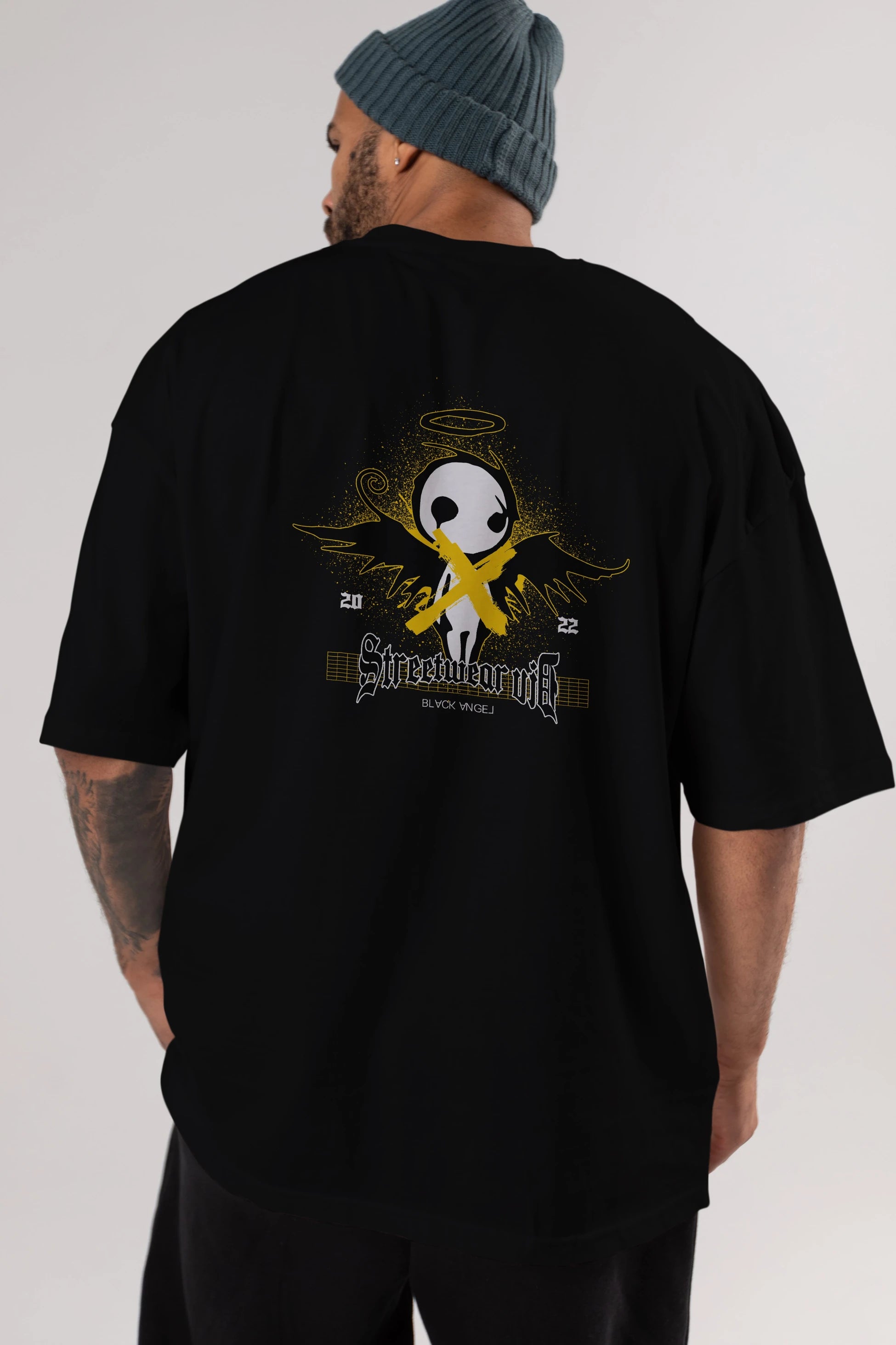Black Angel Arka Baskılı Oversize t-shirt Erkek Kadın Unisex