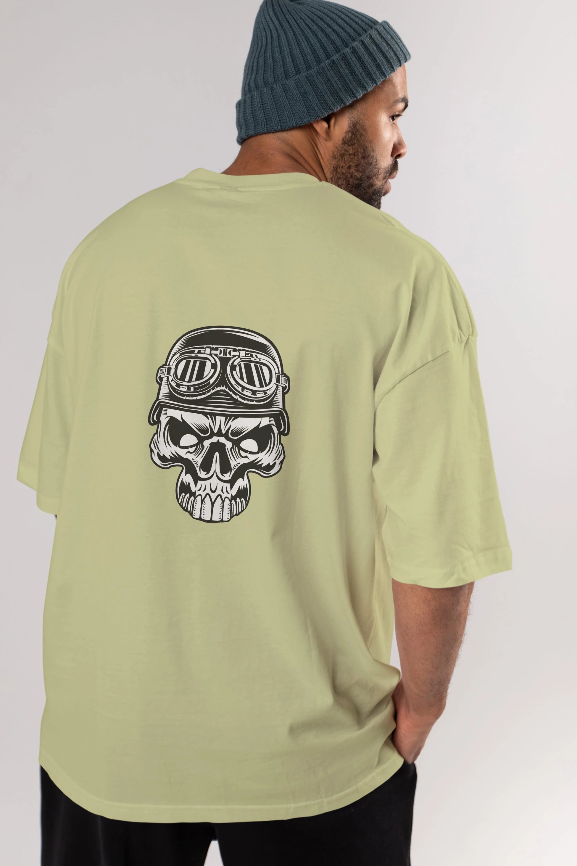 Biker Skull Helmet Arka Baskılı Oversize t-shirt Erkek Kadın Unisex %100 Pamuk tişort