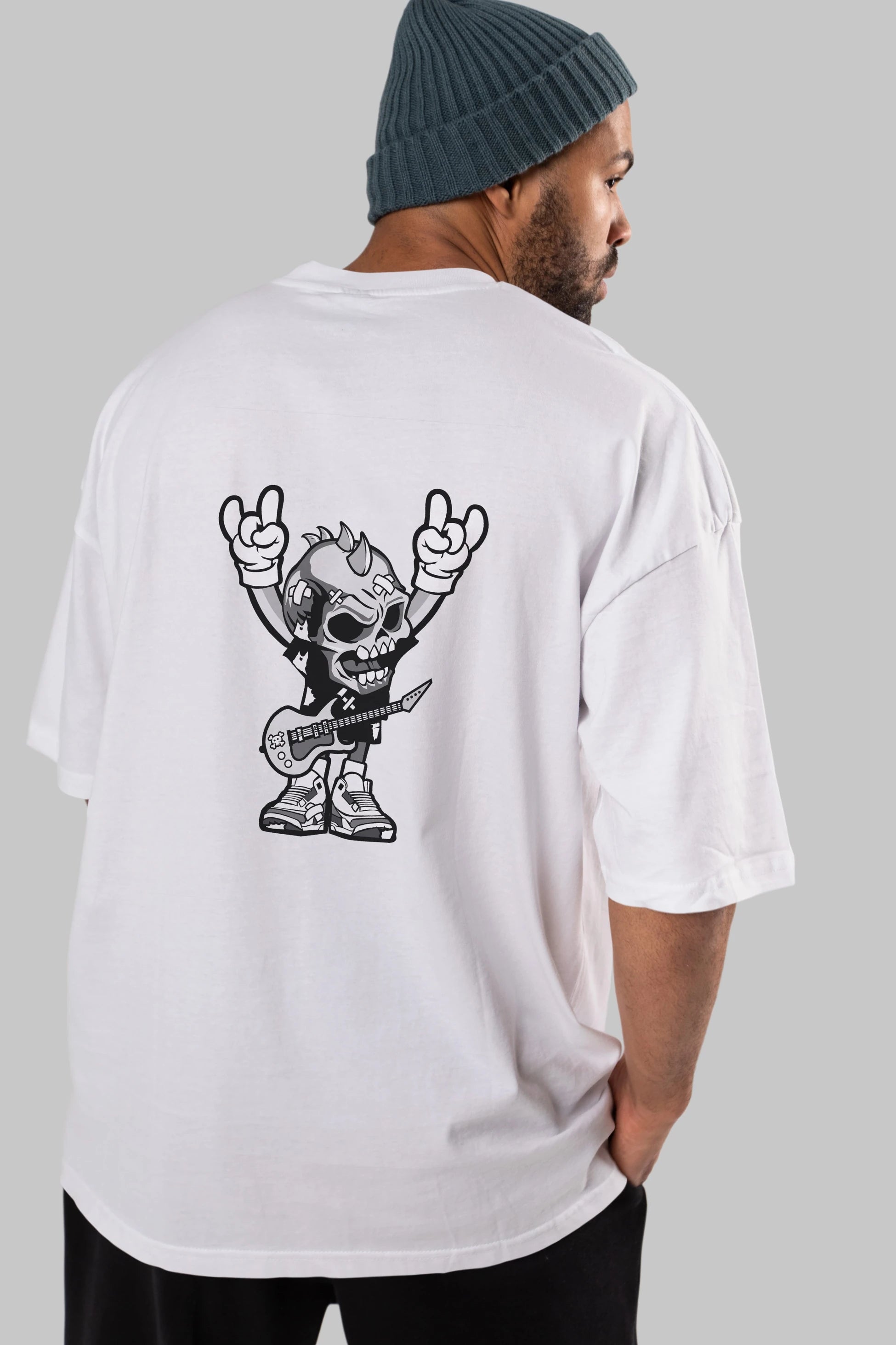 Punk Rock Skull Arka Baskılı Oversize t-shirt Erkek Kadın Unisex %100 Pamuk tişort