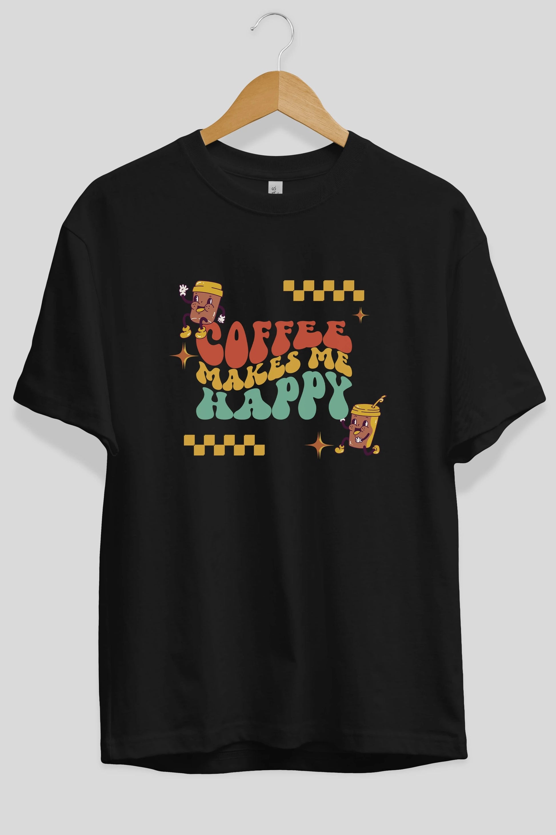 Coffee Makes Me Happy Yazılı Ön Baskılı Oversize t-shirt Erkek Kadın Unisex