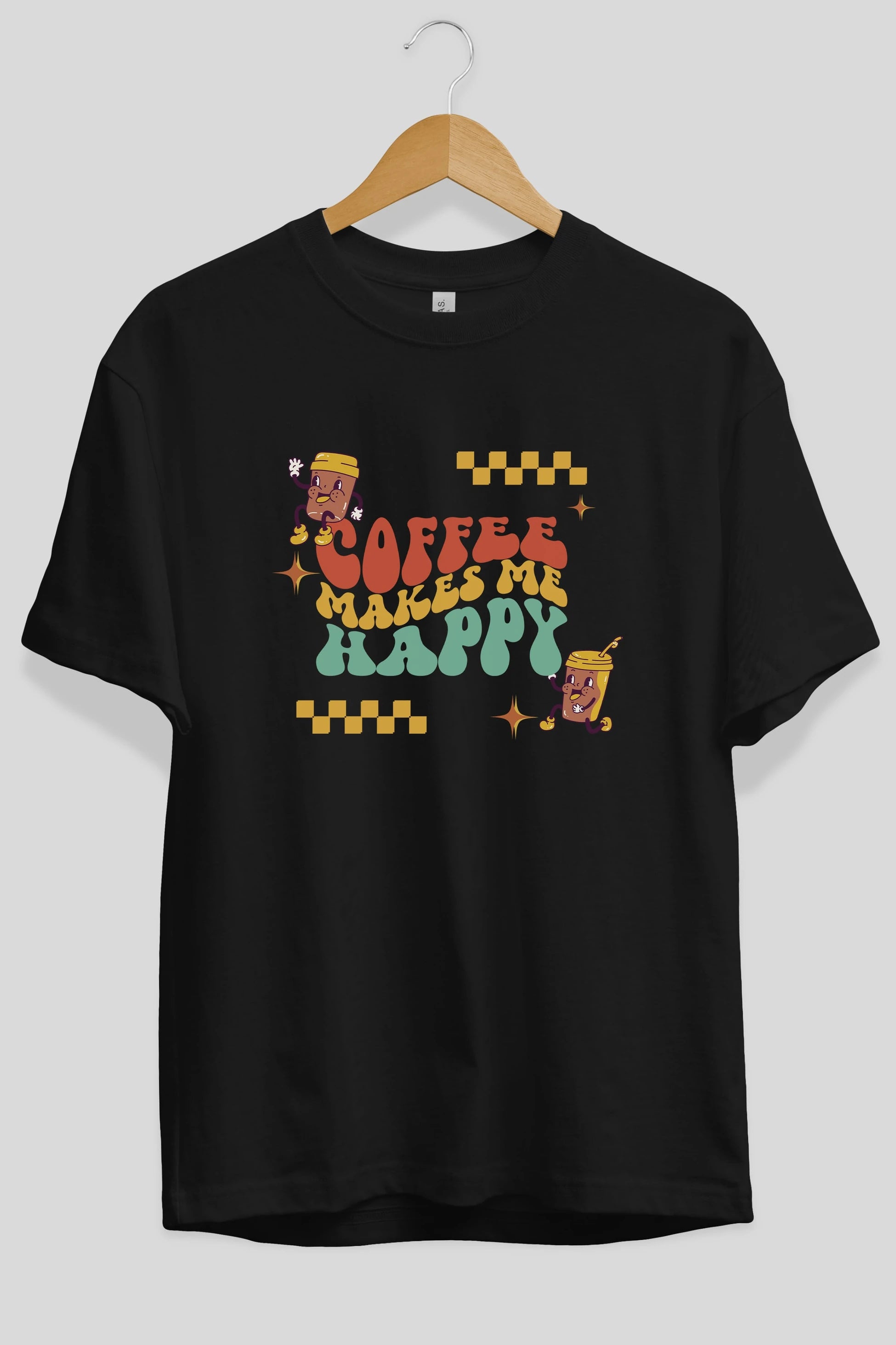 Coffee Makes Me Happy Yazılı Ön Baskılı Oversize t-shirt Erkek Kadın Unisex