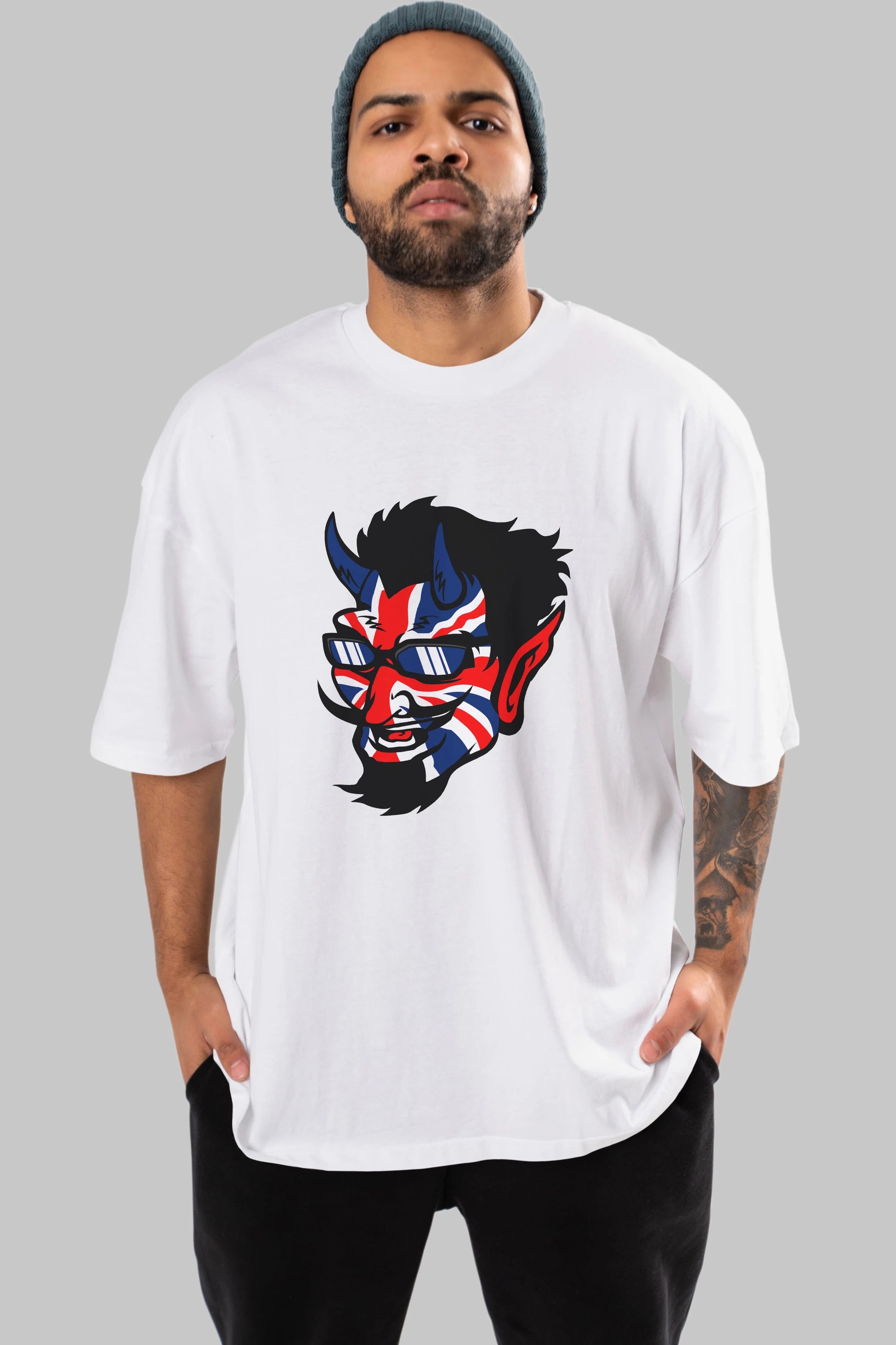 UK Devil Ön Baskılı Oversize t-shirt Erkek Kadın Unisex %100 Pamuk tişort