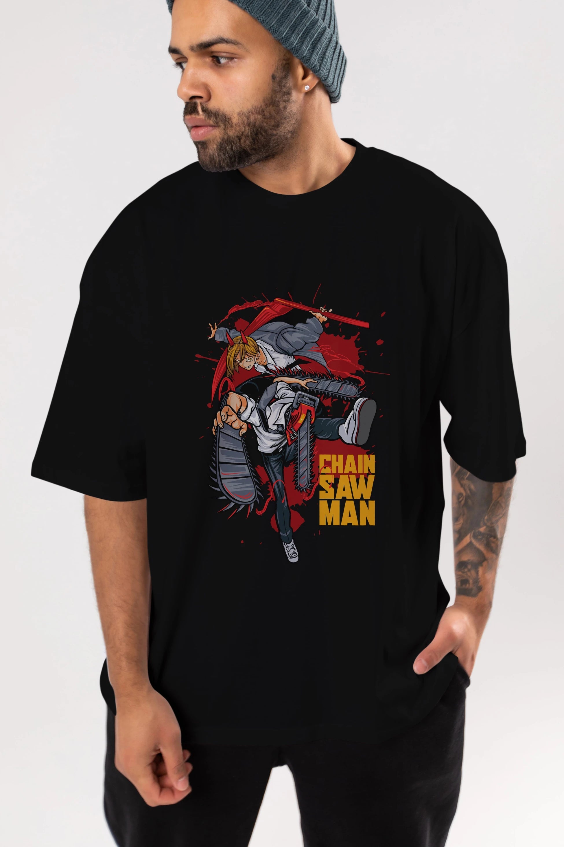 DENJI and POWER Anime Ön Baskılı Oversize t-shirt %100 pamuk Erkek Kadın Unisex