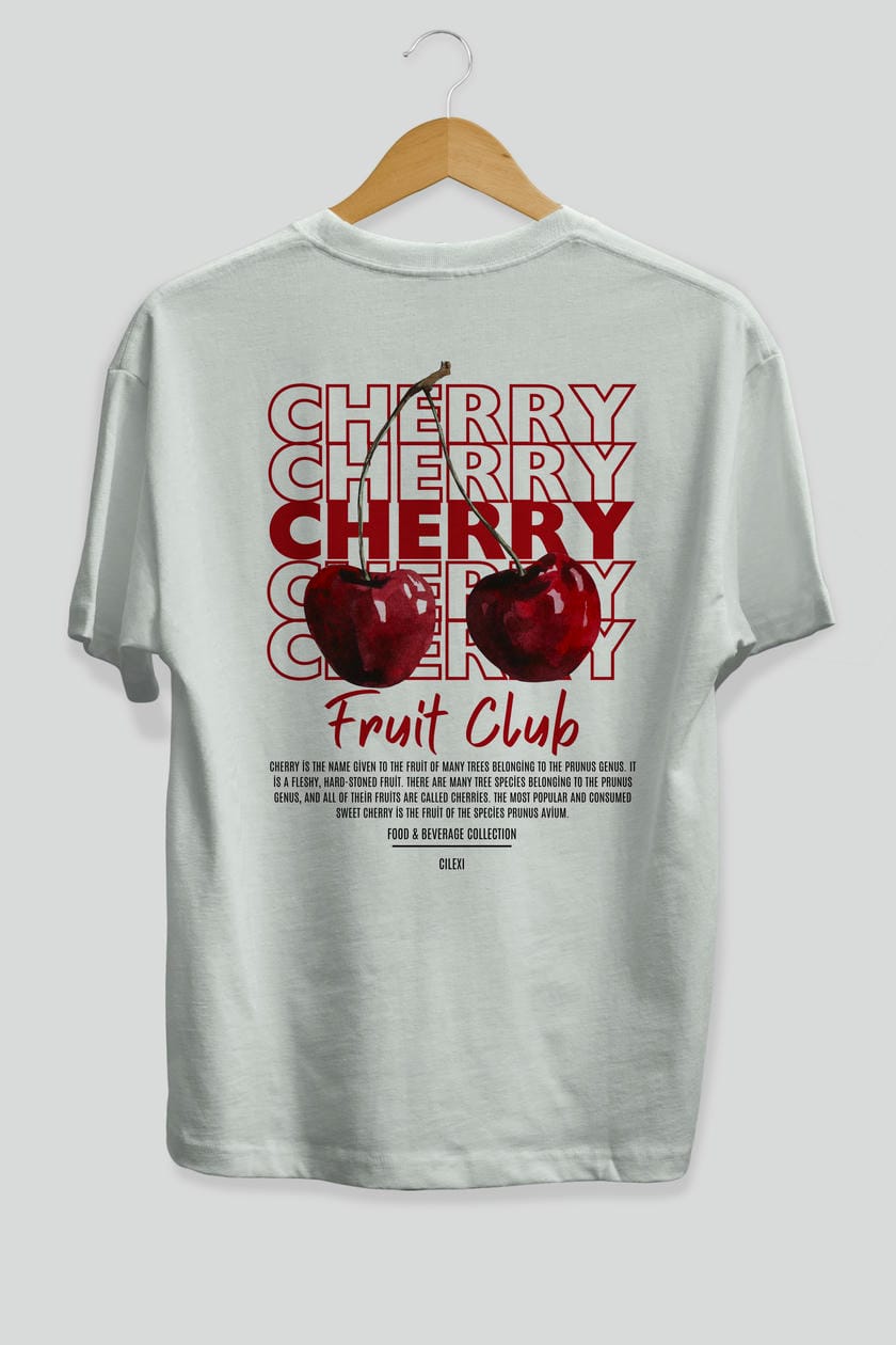 Cherry Arka Baskılı Oversize t-shirt Erkek Kadın Pamuk Bisiklet Yaka tişort