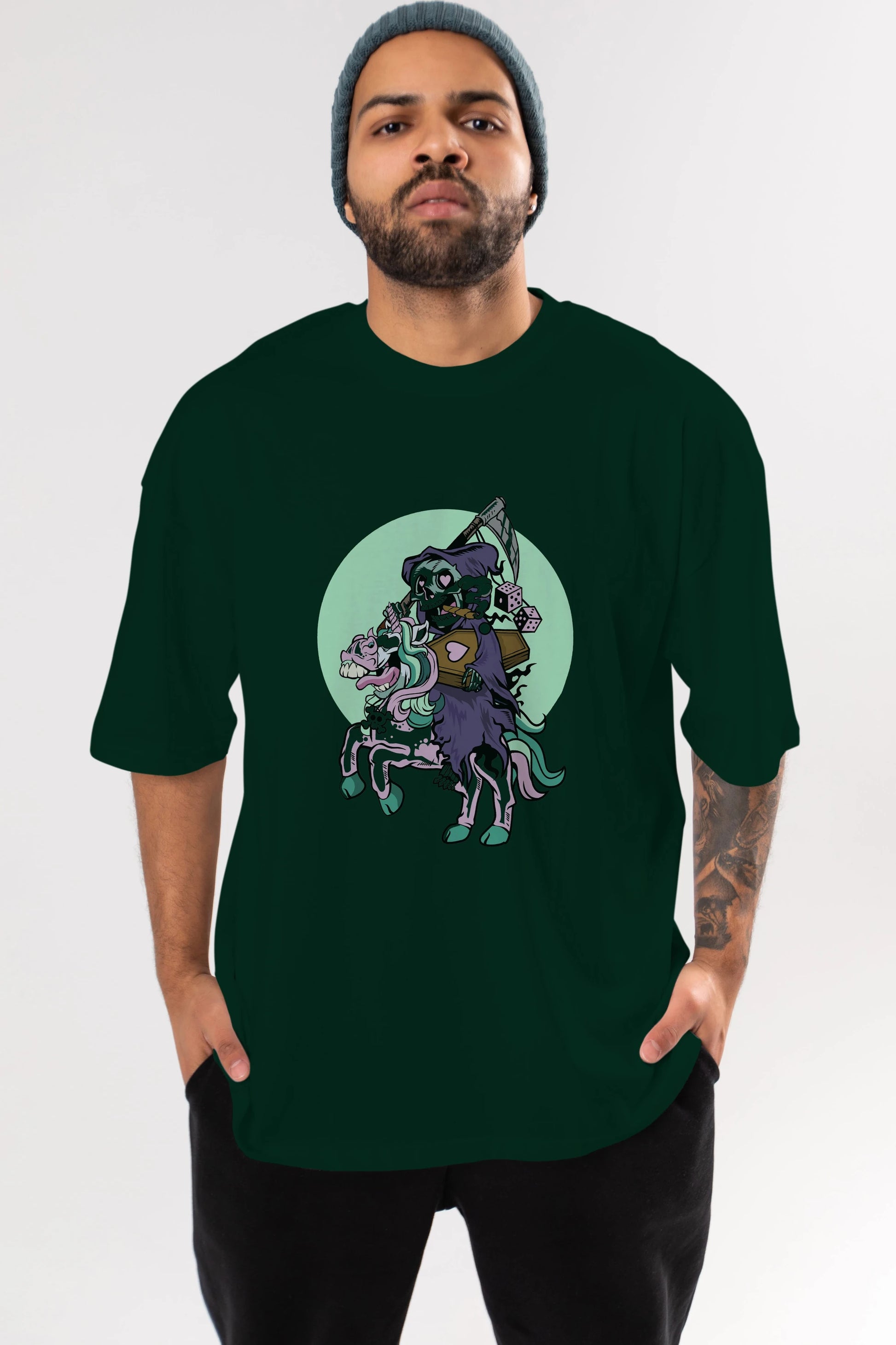Grim Reaper Riding Unicorn Ön Baskılı Oversize t-shirt Erkek Kadın Unisex %100 Pamuk tişort