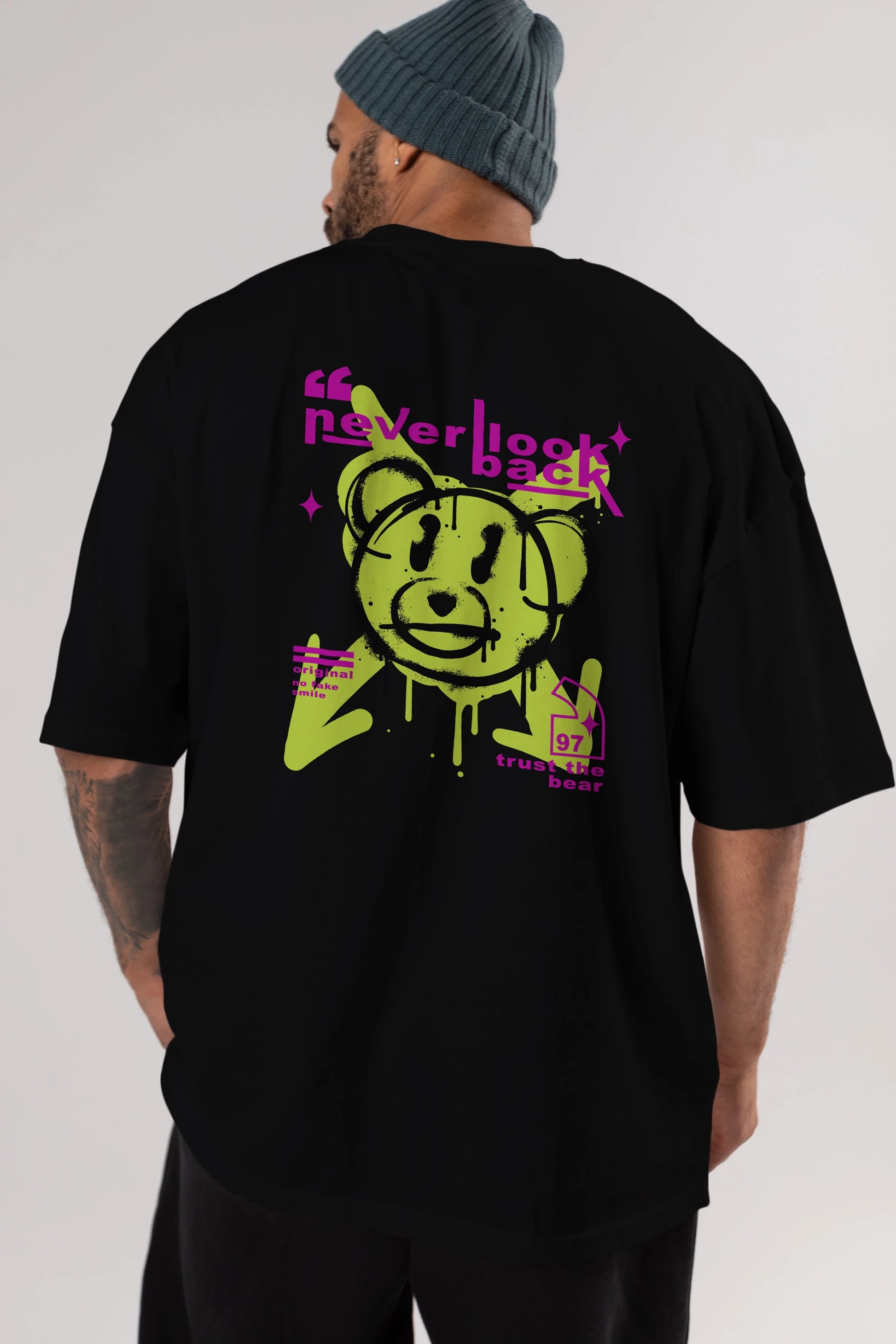 Never Look Back Bear Arka Baskılı Oversize t-shirt Erkek Kadın Unisex