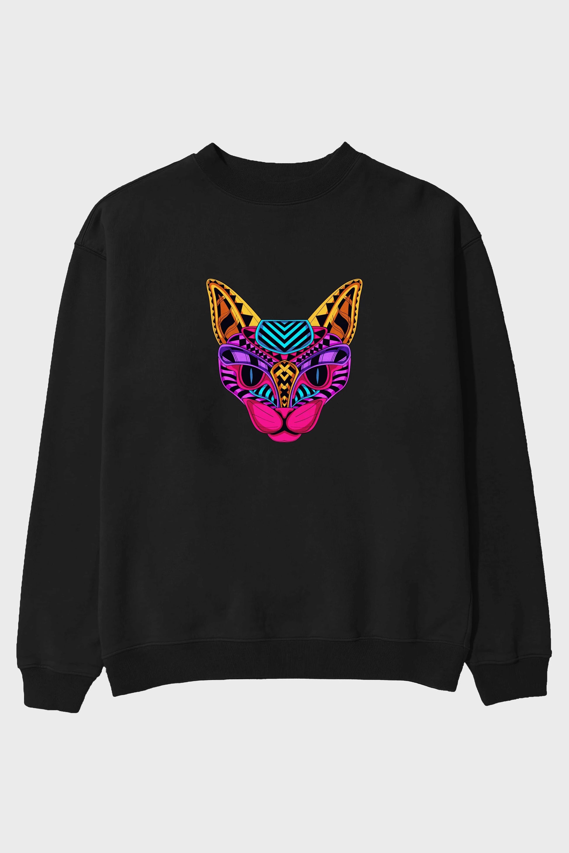 Black Neon Cat Ön Baskılı Oversize Sweatshirt Erkek Kadın Unisex