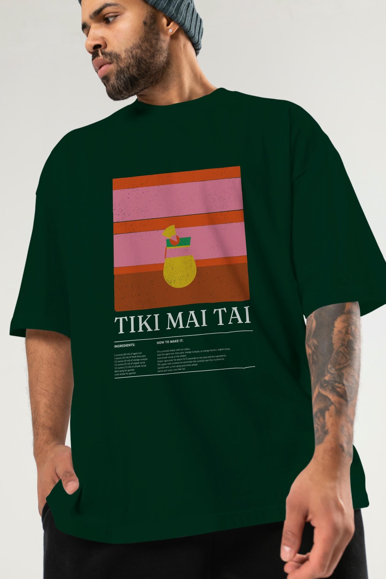 Tiki Mai Tai Kokteyl Ön Baskılı Oversize t-shirt Erkek Kadın %100 Pamuk Bisiklet Yaka tişort