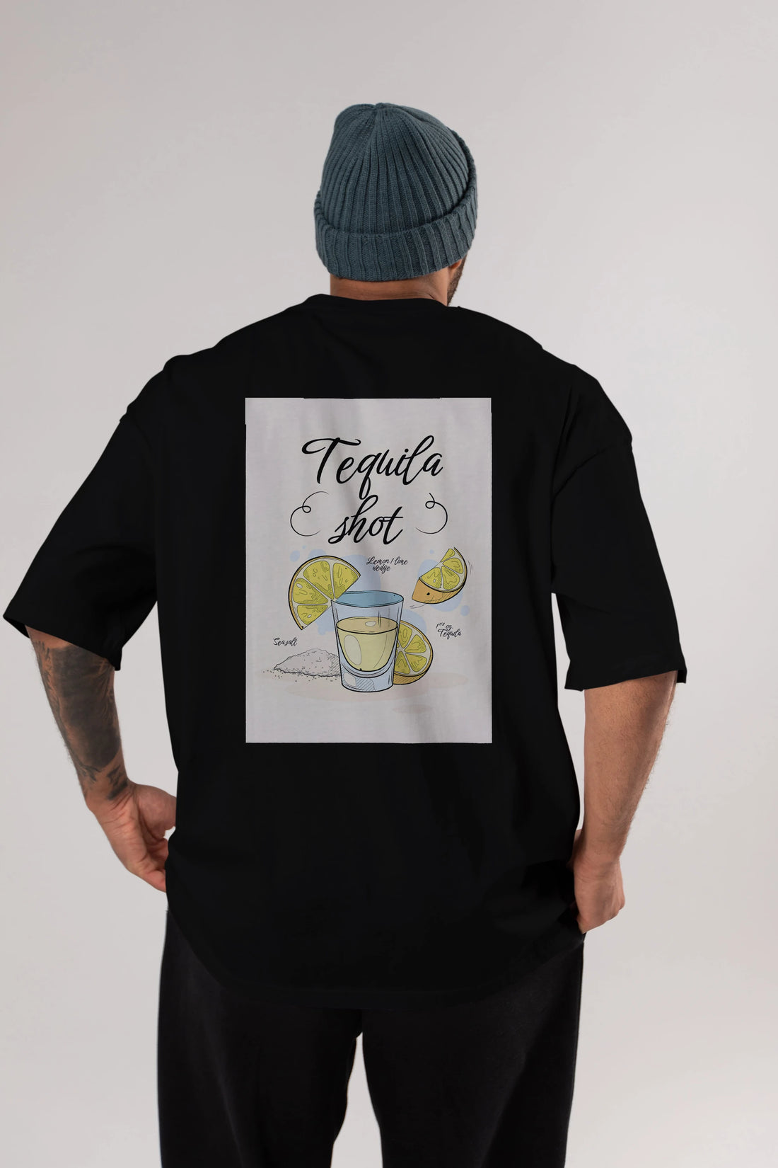 Tequila Shot Arka Baskılı Oversize t-shirt Erkek Kadın Unisex %100 Pamuk Bisiklet Yaka tişort