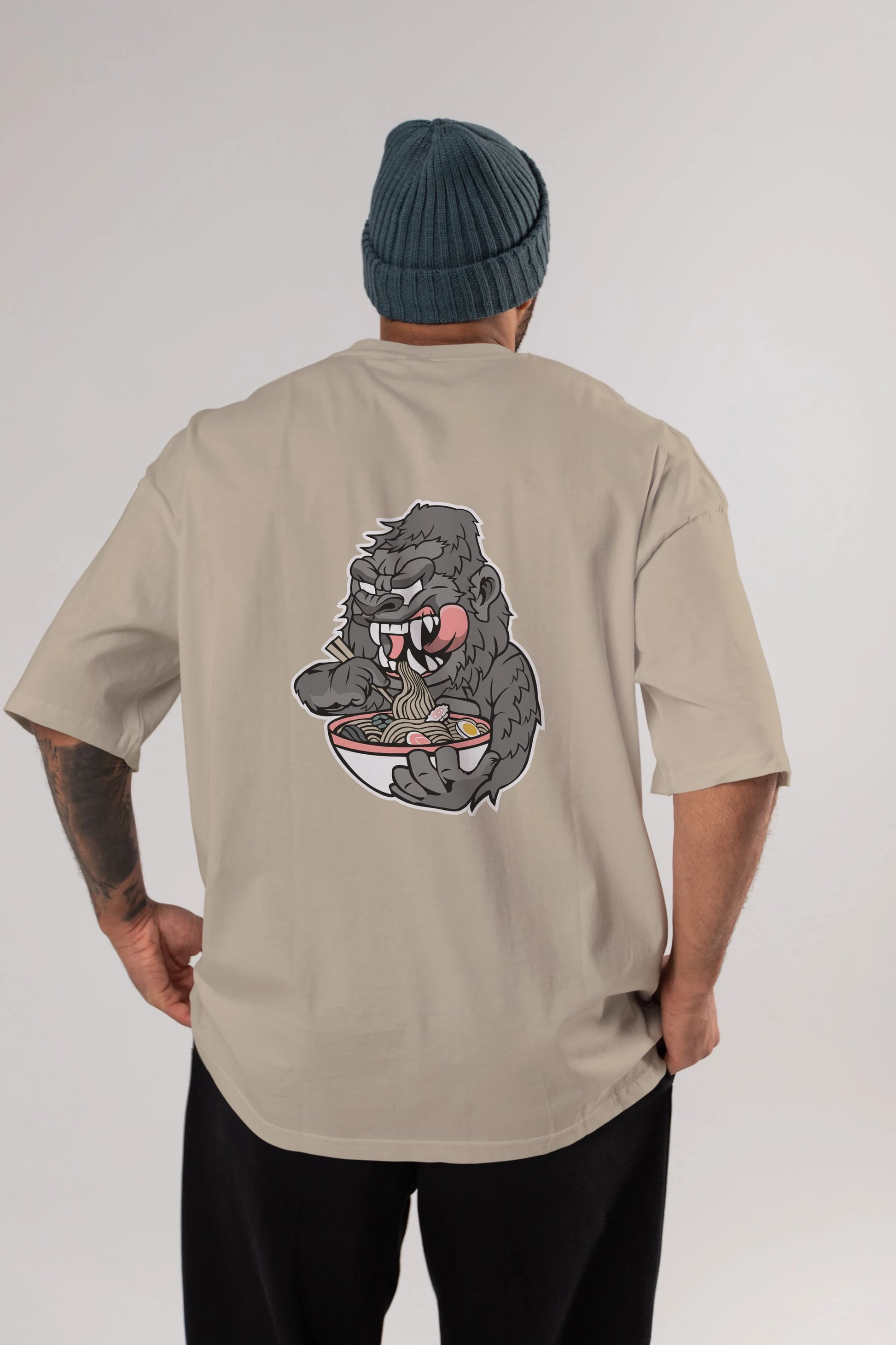 Big Gorilla Ramen Arka Baskılı Oversize t-shirt Erkek Kadın Unisex %100 Pamuk tişort
