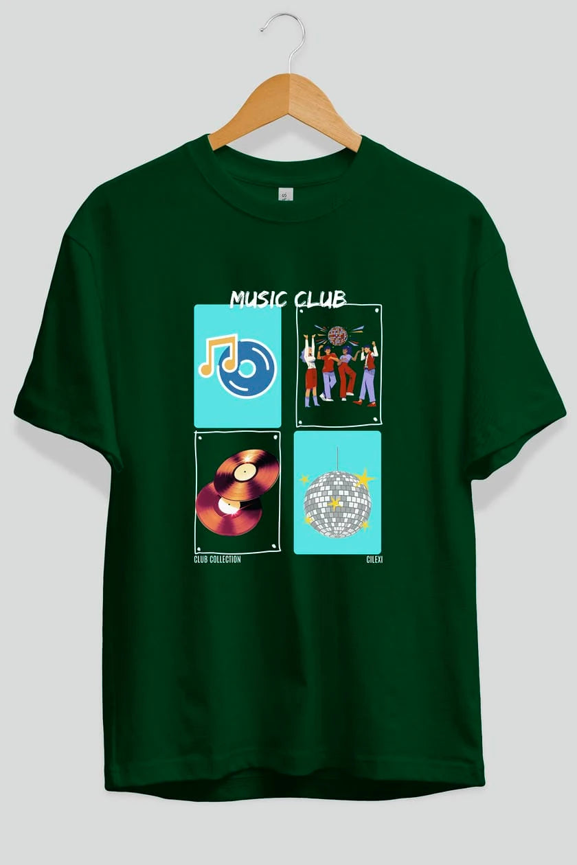 Music Club ön Baskılı Oversize t-shirt Erkek Kadın %100 Pamuk Bisiklet Yaka tişort