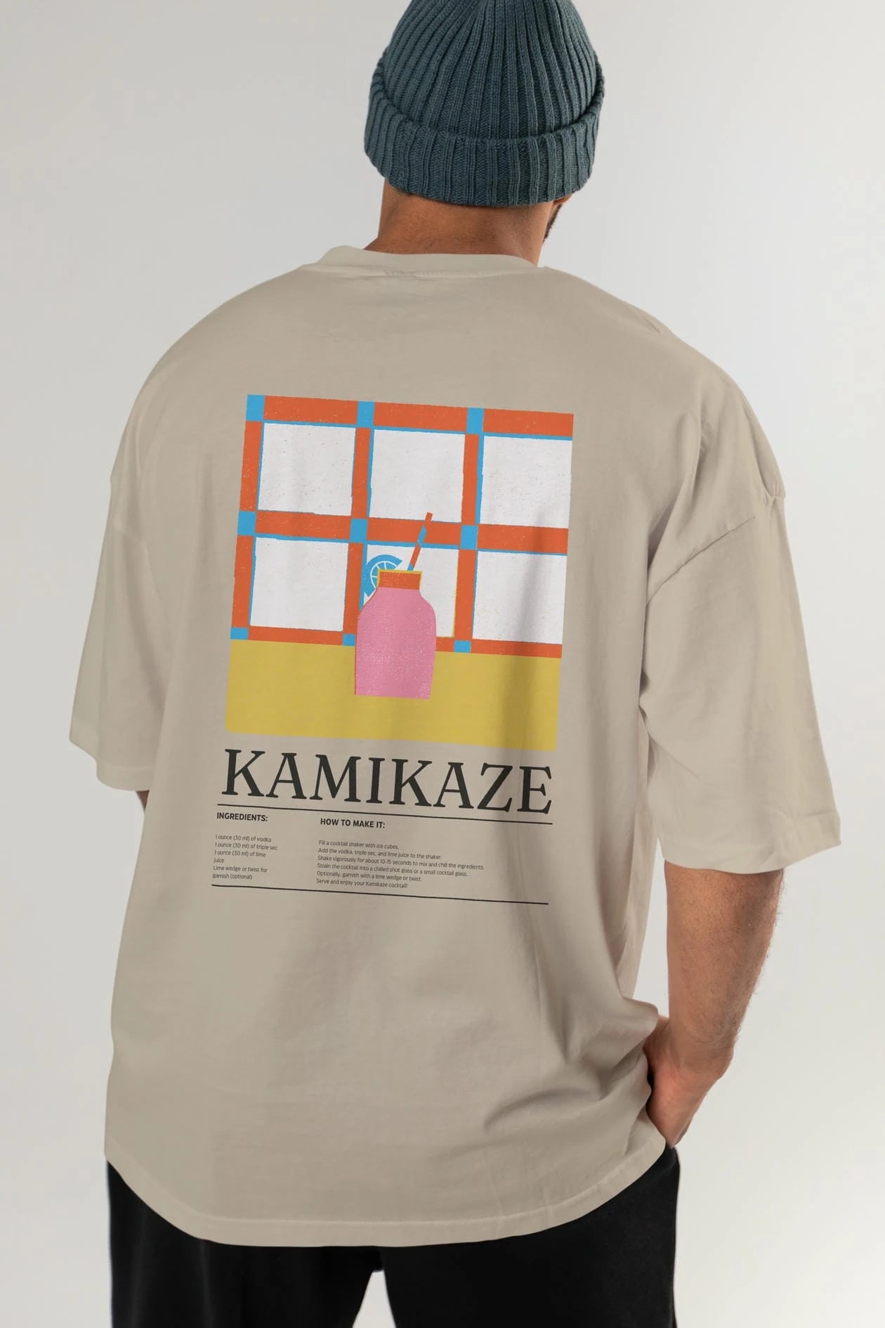 Kamikaze Kokteyl Serisi Arka Baskılı Oversize t-shirt Erkek Kadın %100 Pamuk Bisiklet Yaka tişort