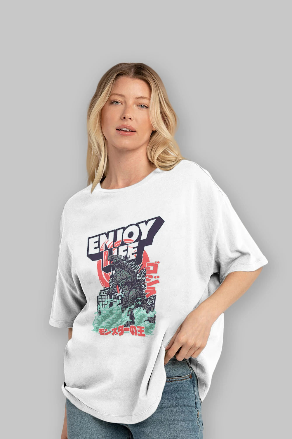 Godzilla Ön Baskılı Oversize t-shirt Erkek Kadın Unisex %100 Pamuk Bisiklet Yaka tişort