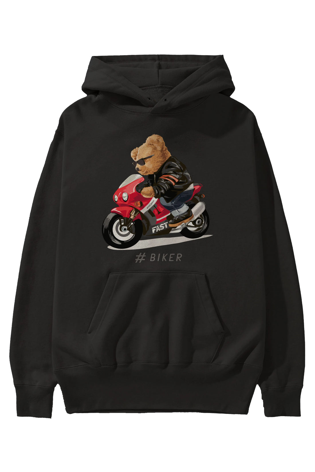 Teddy Bear Biker Ön Baskılı Hoodie Oversize Kapüşonlu Sweatshirt Erkek Kadın Unisex
