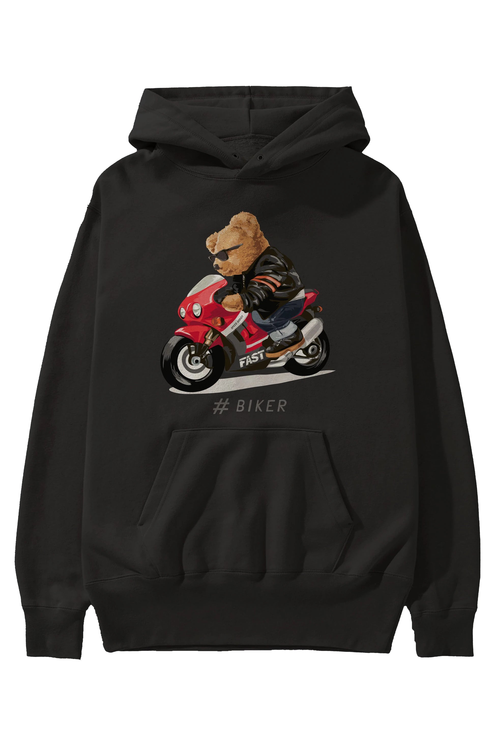 Teddy Bear Biker Ön Baskılı Hoodie Oversize Kapüşonlu Sweatshirt Erkek Kadın Unisex