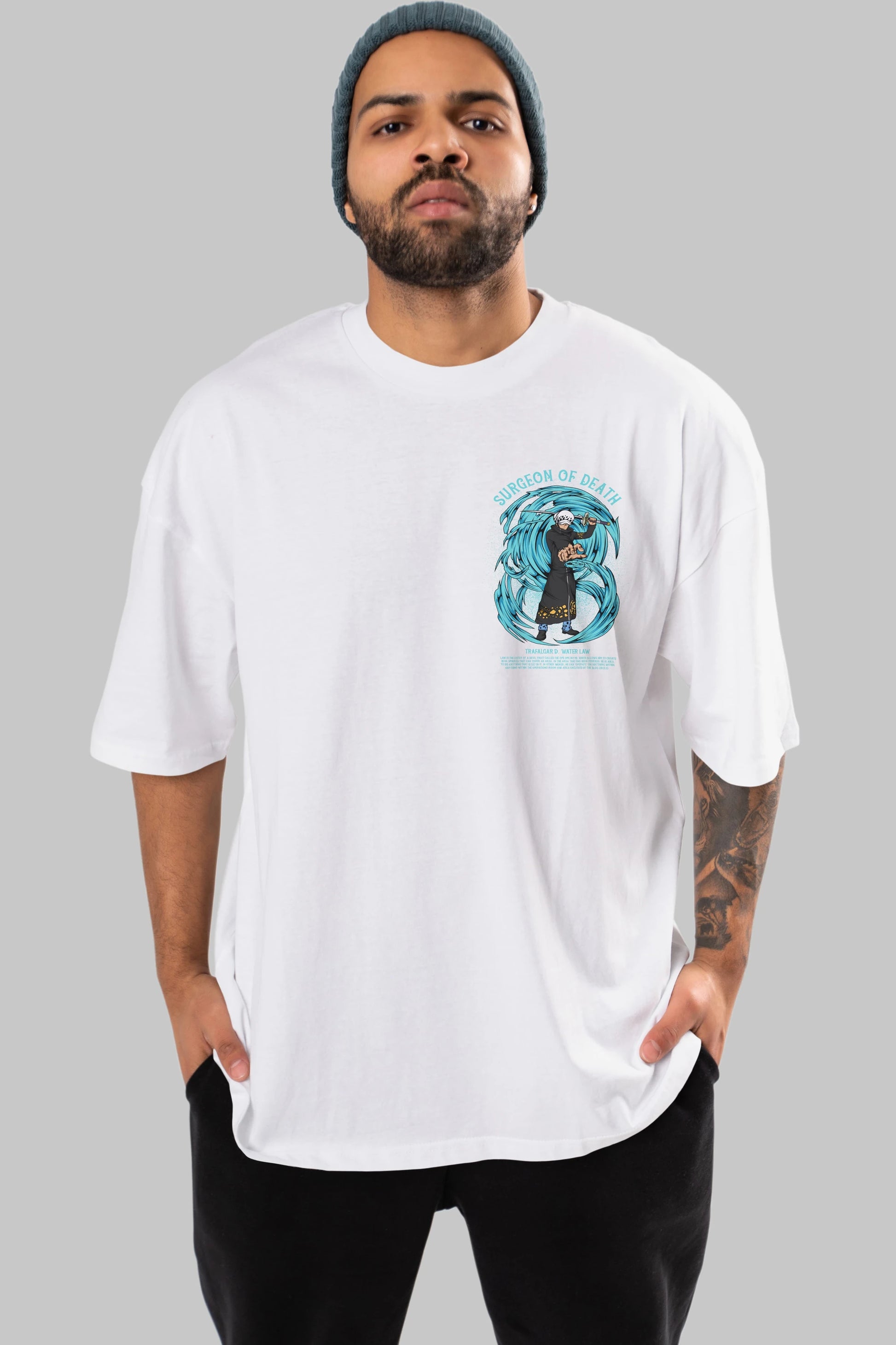 Trafalgad D. Water Law Ön Sol Baskılı Oversize t-shirt Erkek Kadın Unisex %100 Pamuk Bisiklet Yaka tişort