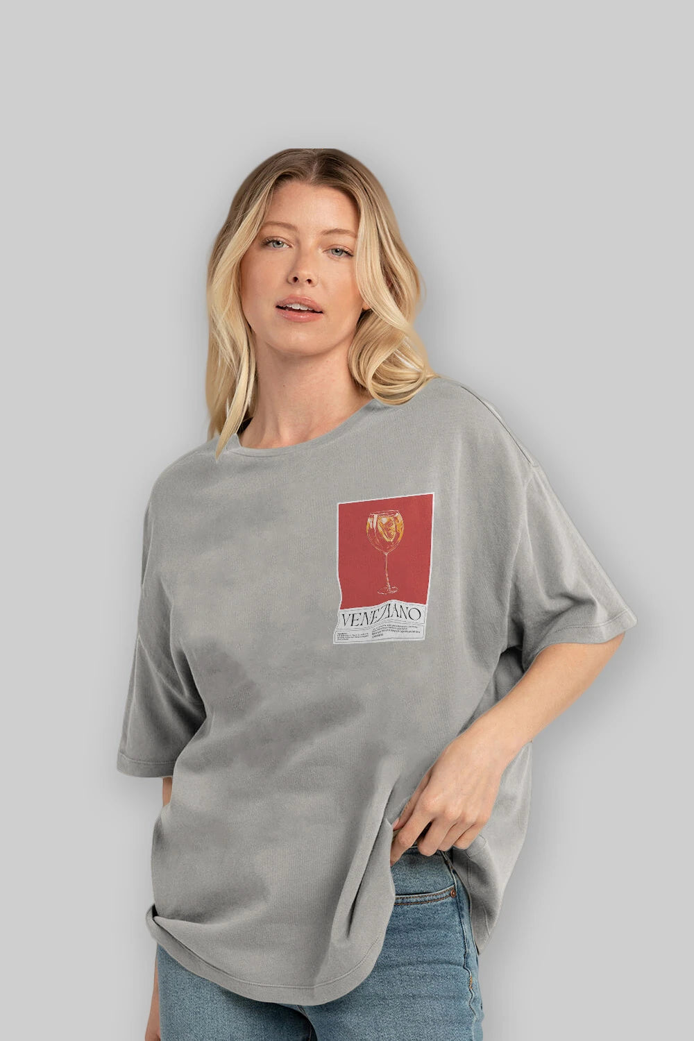 Veneziano Ön Sol Baskılı Oversize t-shirt Erkek Kadın Unisex %100 Pamuk Bisiklet Yaka tişort