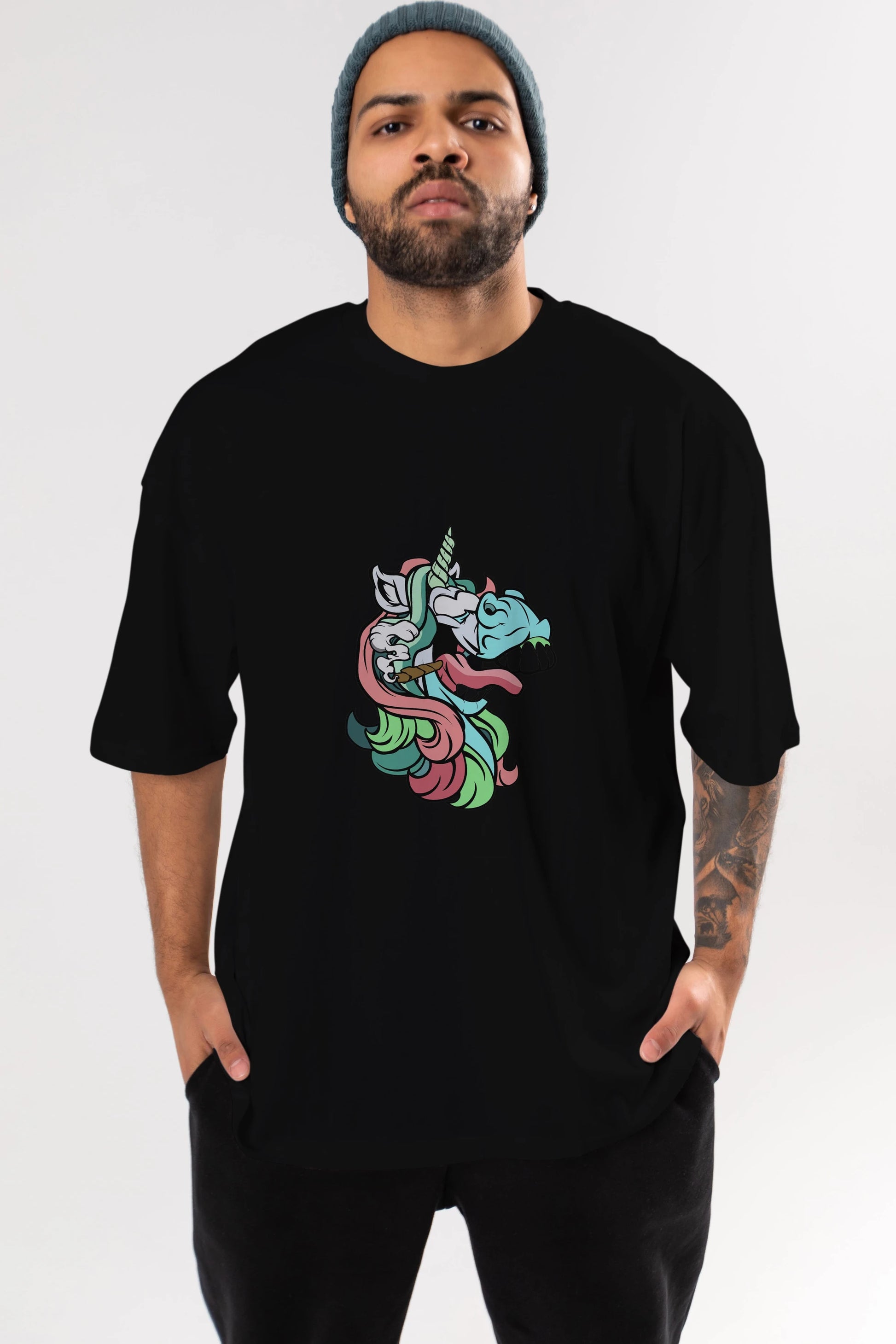 Crazy Unicorn Ön Baskılı Oversize t-shirt Erkek Kadın Unisex %100 Pamuk tişort