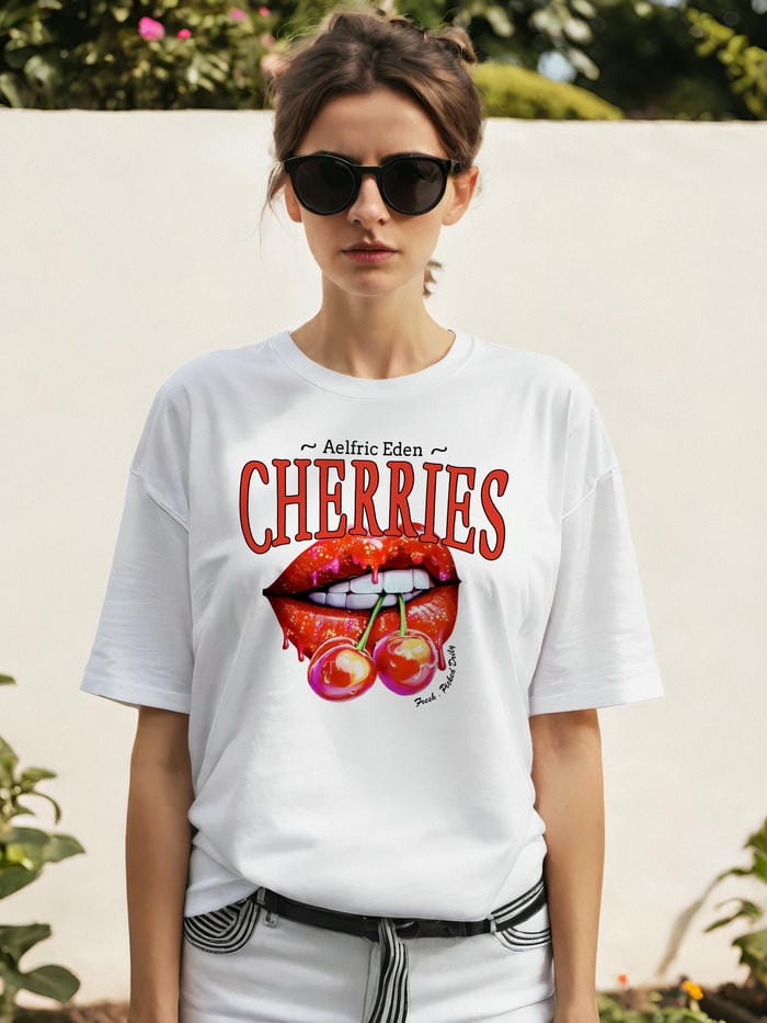 Cherry Cherries 3 Ön Baskılı Oversize t-shirt Erkek Kadın Pamuk Bisiklet Yaka tişort