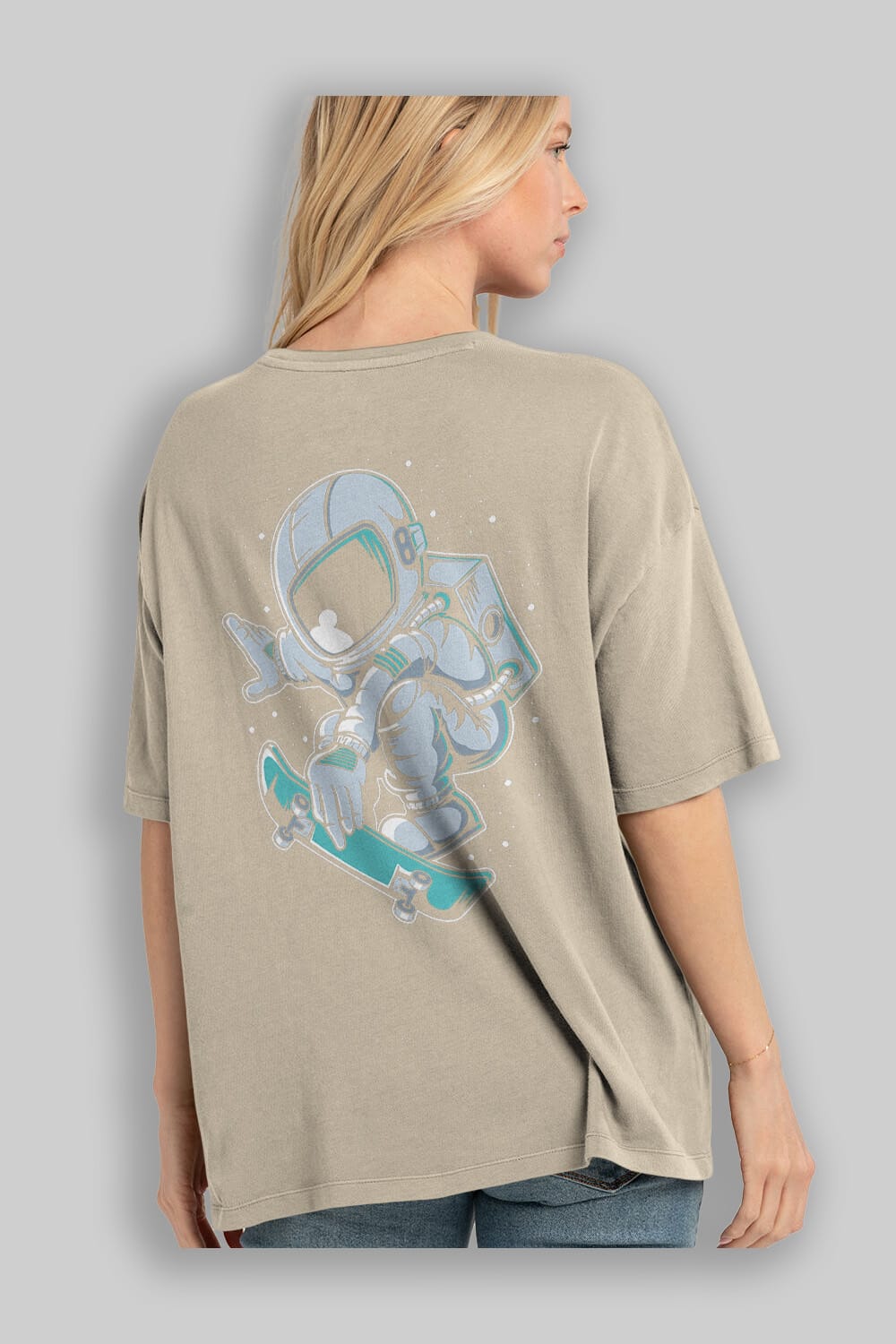 Astronaut Skateboard Jump Arka Baskılı Oversize t-shirt Erkek Kadın Unisex