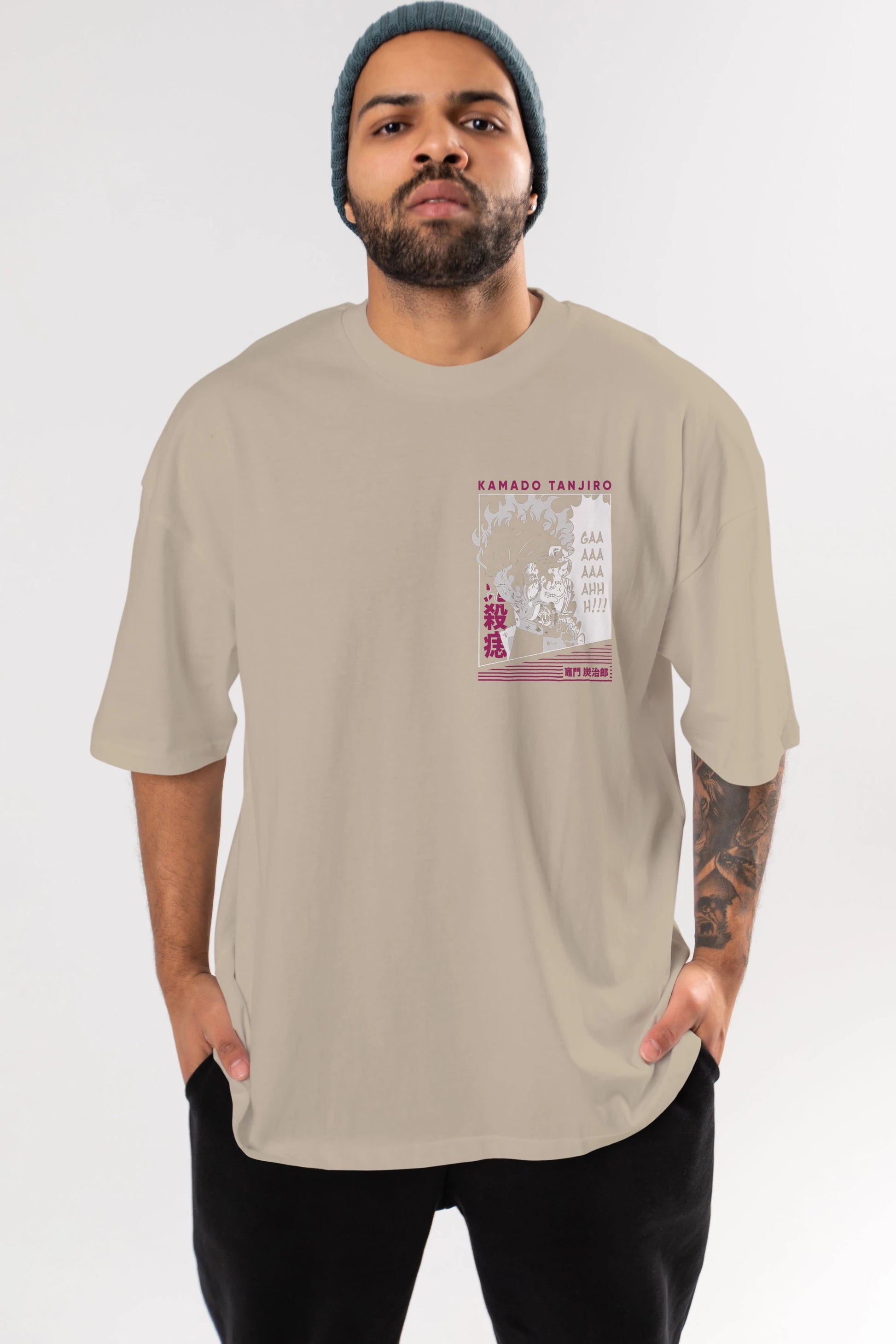 TANJIRO KAMADO 3 Ön Sol Baskılı Oversize t-shirt Erkek Kadın Unisex %100 Pamuk Bisiklet Yaka tişort