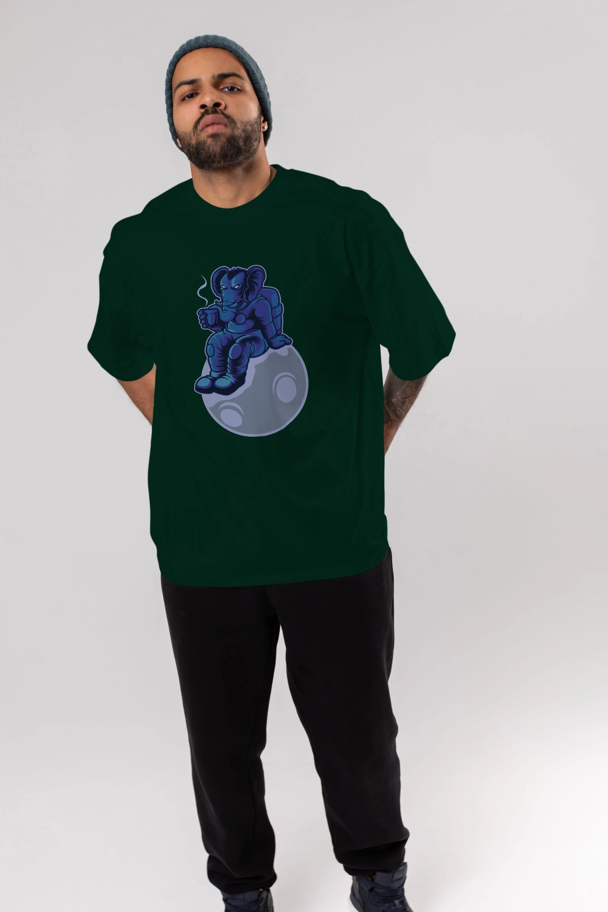 Space Elephant Drink Coffee Ön Baskılı Oversize t-shirt Erkek Kadın Unisex