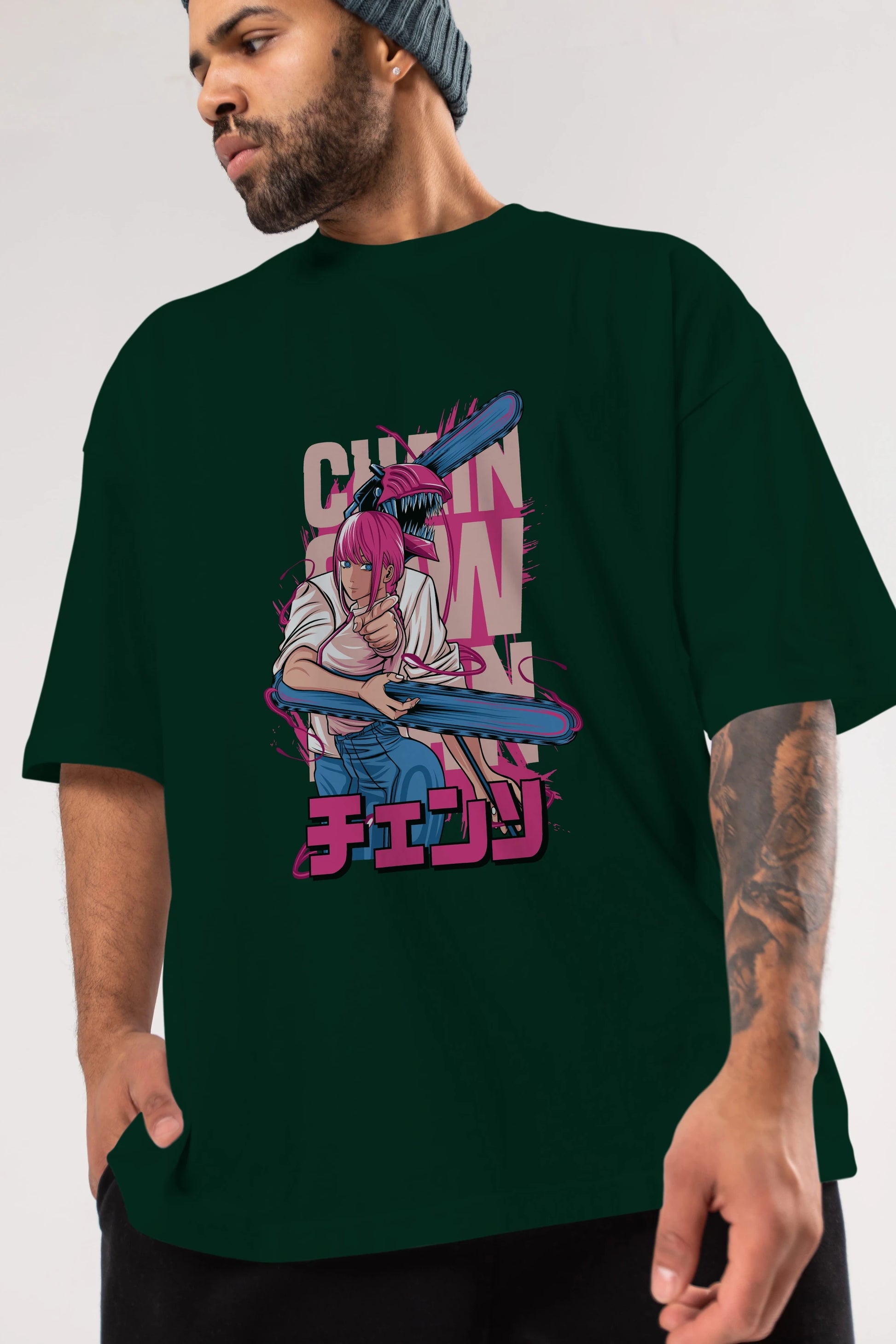 DENJI and MAKIMA Anime Ön Baskılı Oversize t-shirt %100 pamuk Erkek Kadın Unisex