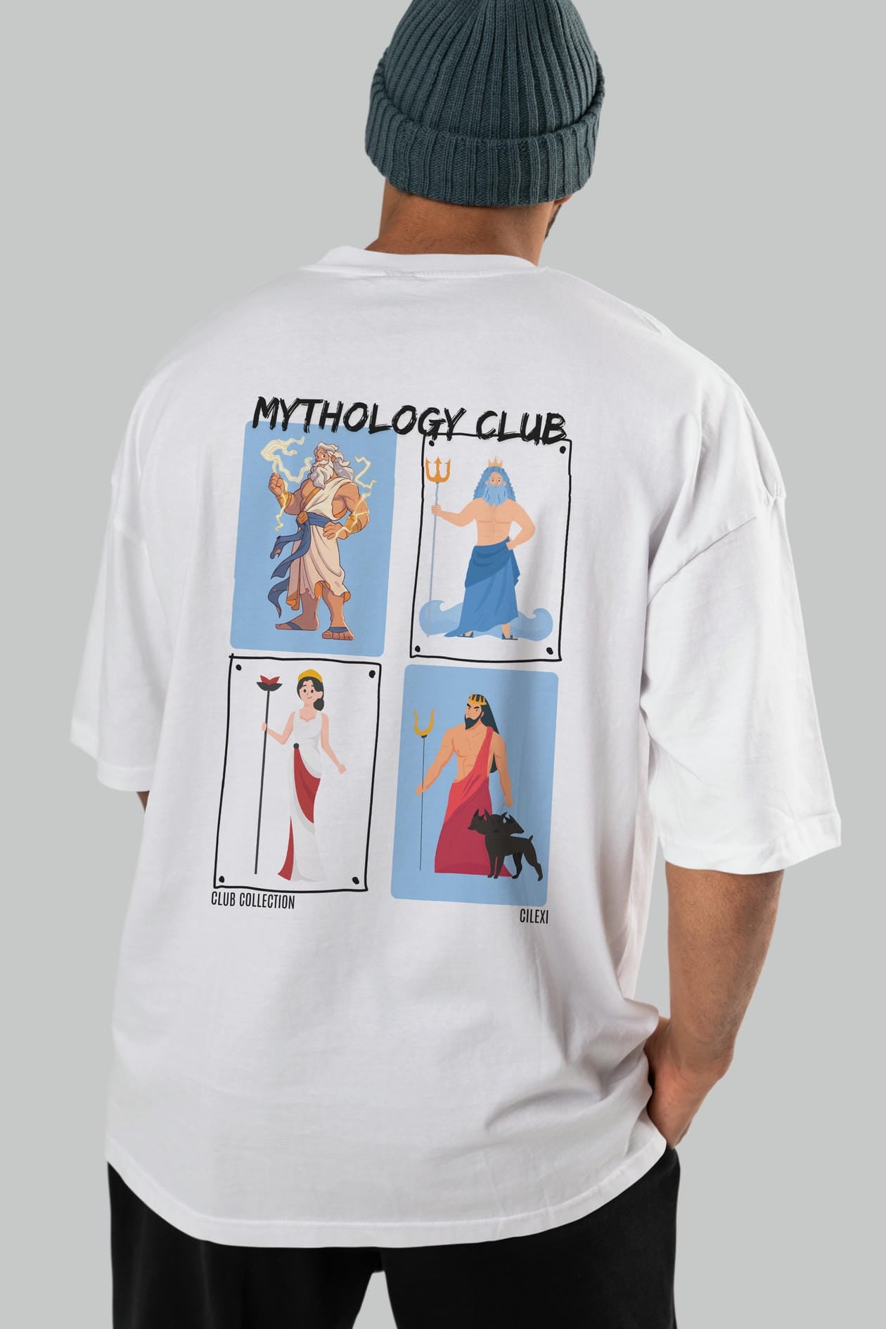 Mythology Club 2 Arka Baskılı Oversize t-shirt Erkek Kadın %100 Pamuk Bisiklet Yaka tişort