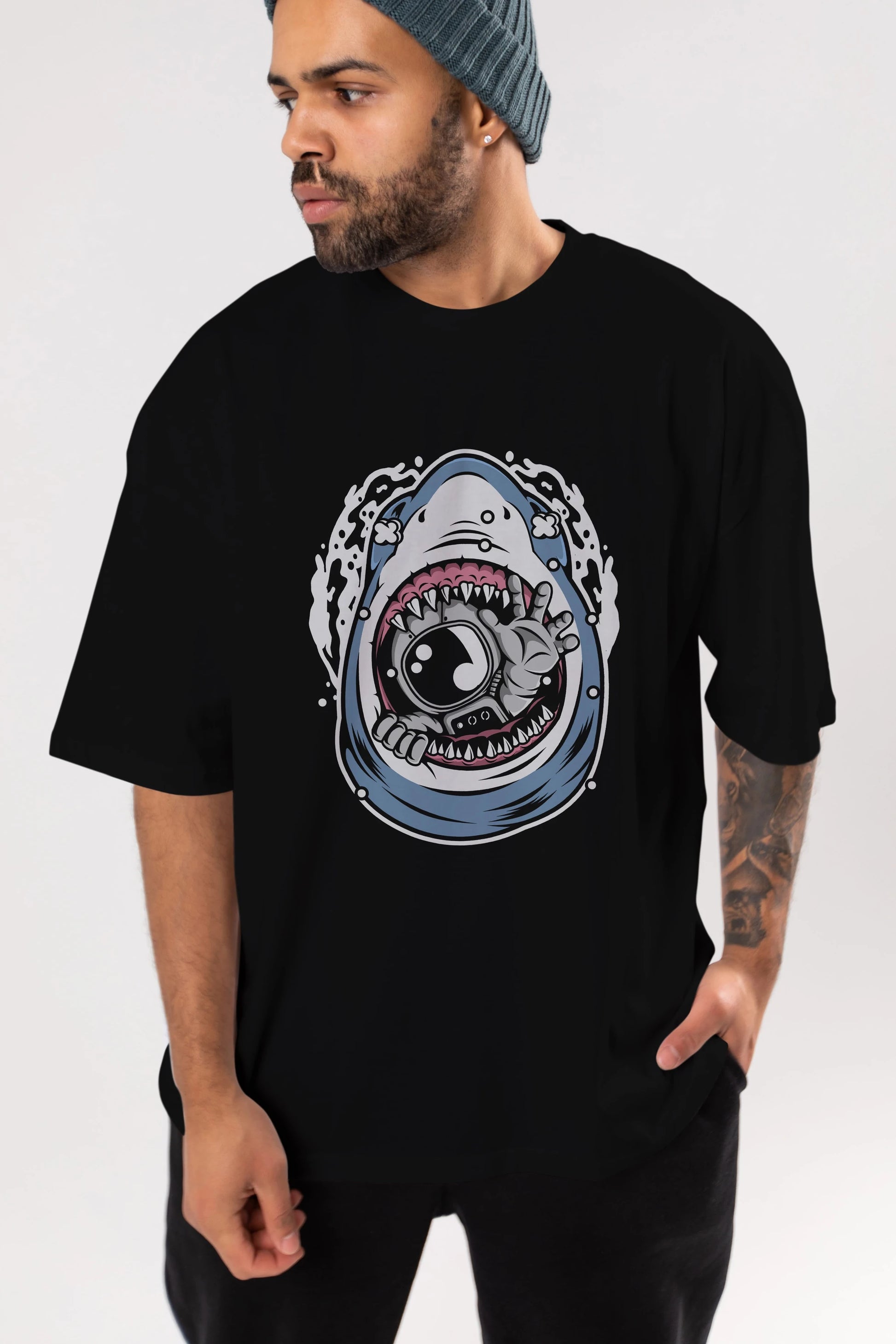 Astronaut Shark Ön Baskılı Oversize t-shirt Erkek Kadın Unisex