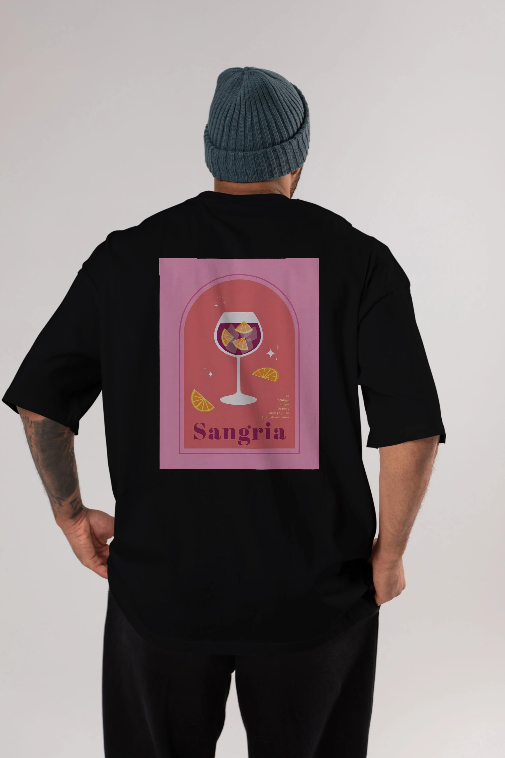 Sangria Arka Baskılı Oversize t-shirt Erkek Kadın Unisex %100 Pamuk Bisiklet Yaka tişort
