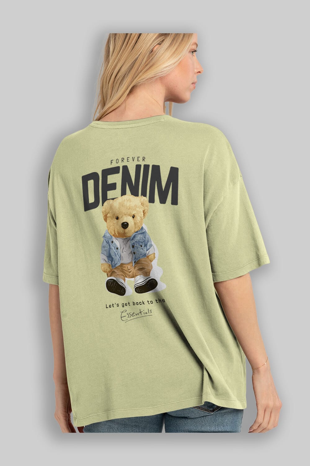 Teddy Bear Forever Denim Arka Baskılı Oversize t-shirt Erkek Kadın Unisex %100 Pamuk