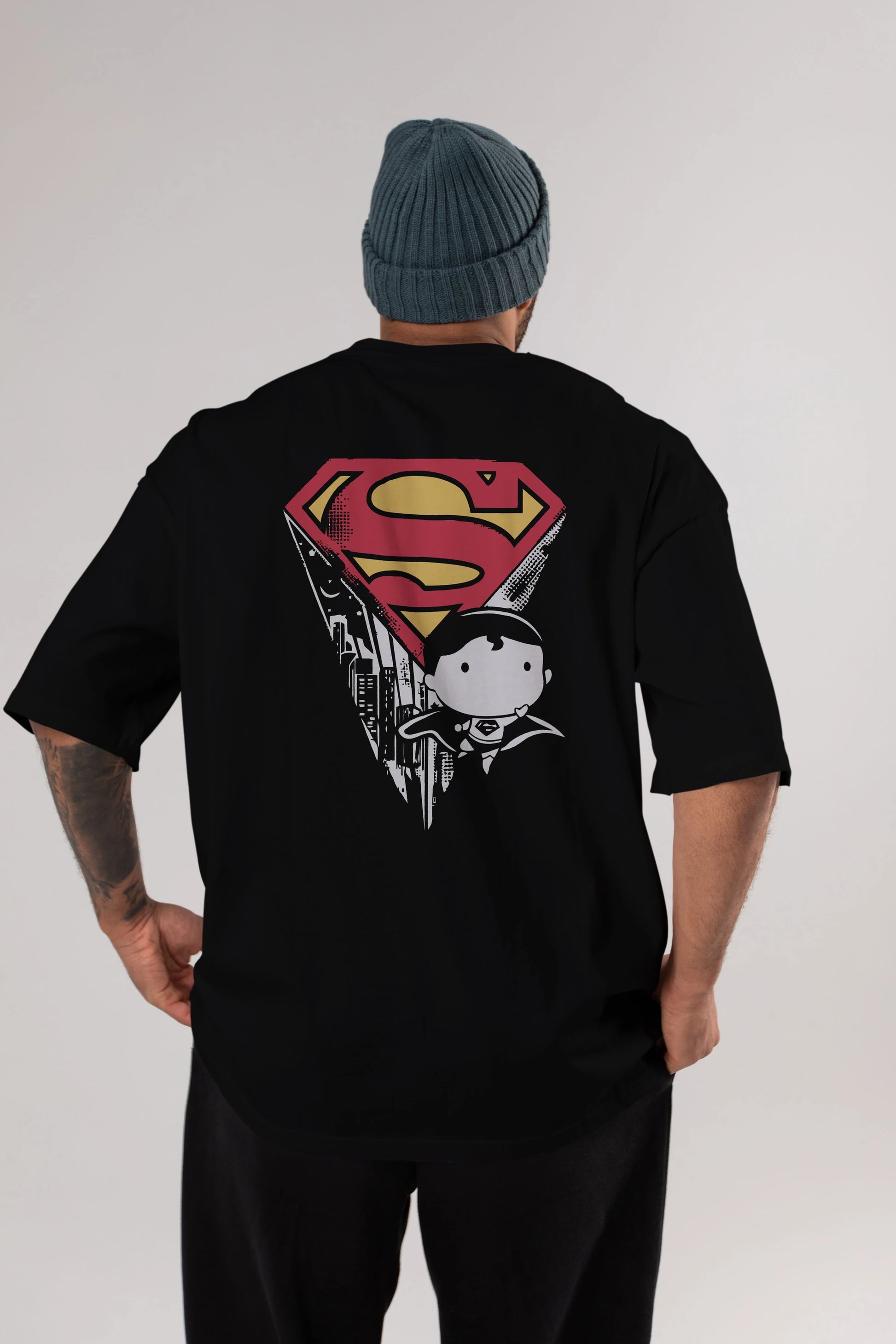 Superman Arka Baskılı Oversize t-shirt Erkek Kadın Unisex %100 Pamuk Bisiklet Yaka tişort