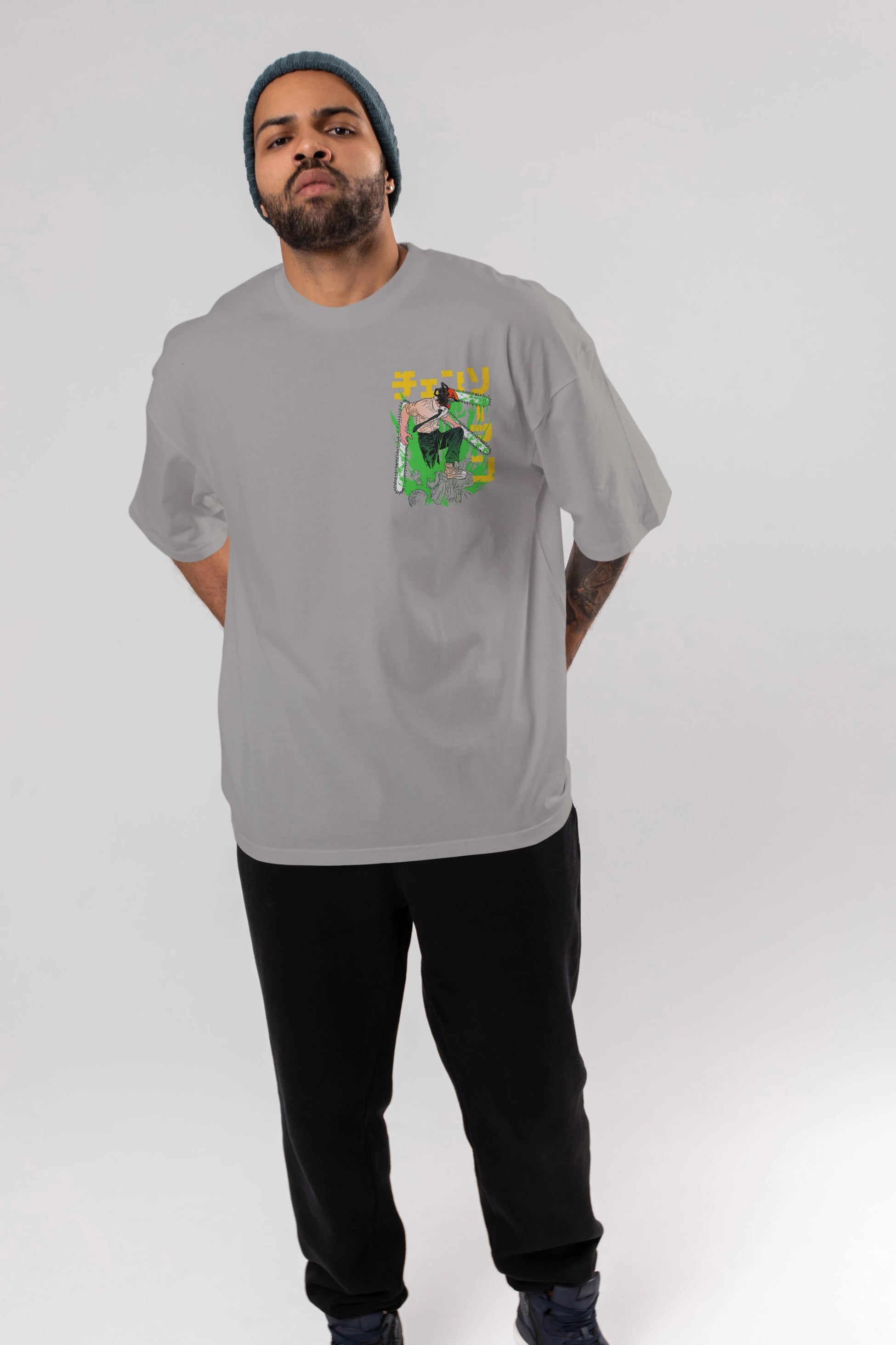 CHAINSAWMAN DENJI Ön Sol Baskılı Oversize t-shirt Erkek Kadın Unisex %100 Pamuk Bisiklet Yaka tişort