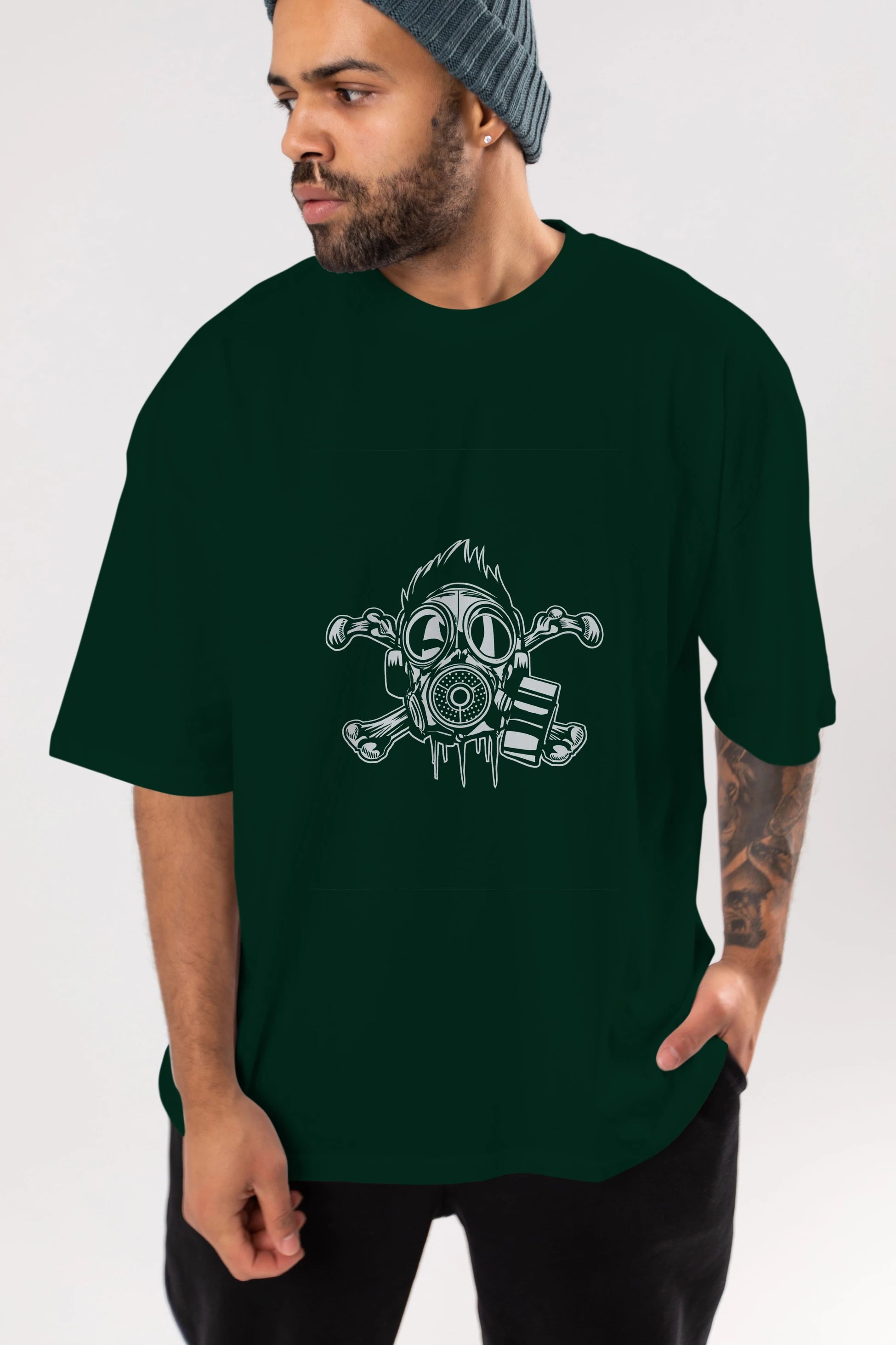 Cross Bones Gasmask Ön Baskılı Oversize t-shirt Erkek Kadın Unisex %100 Pamuk tişort