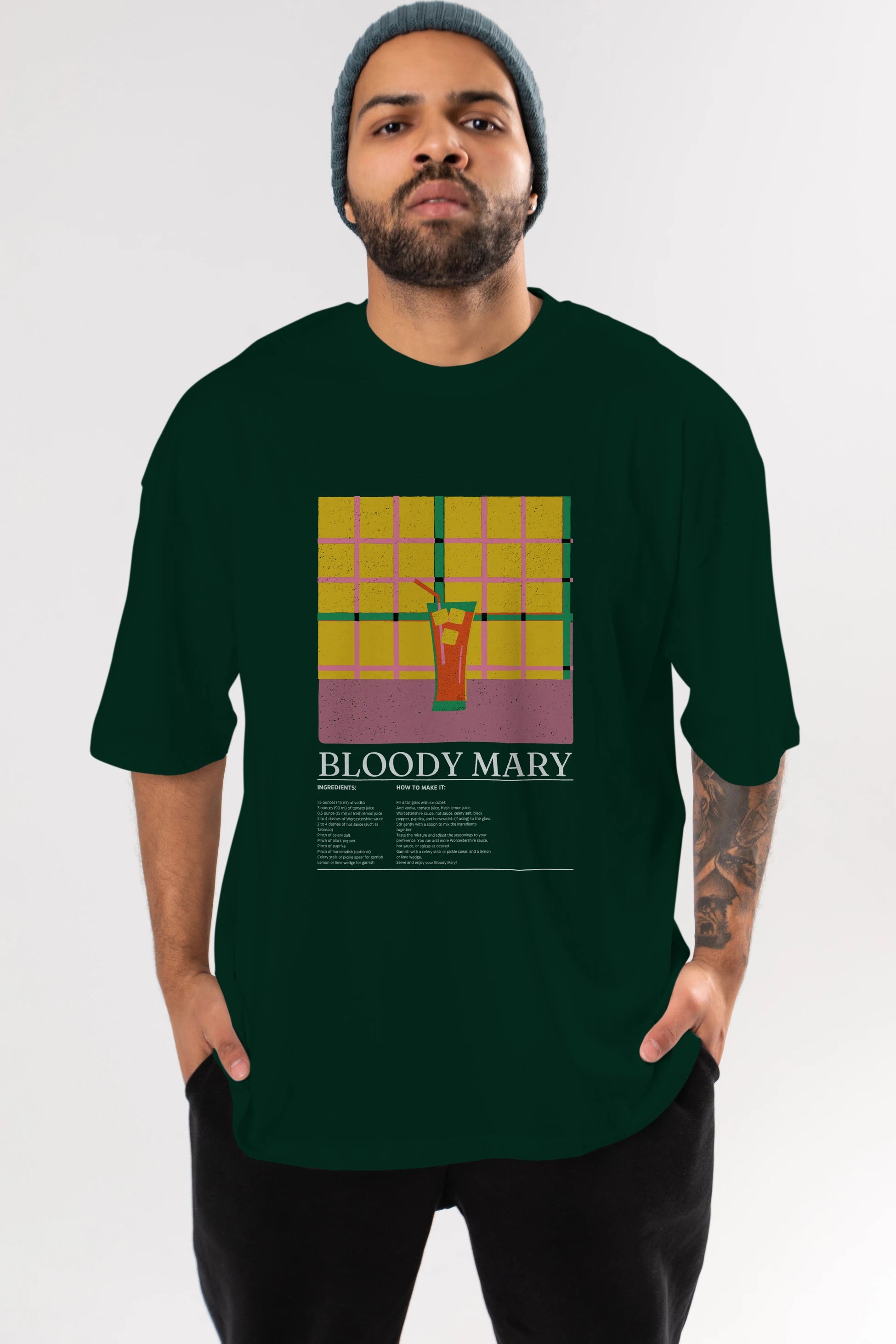 Bloody Mary Kokteyl Ön Baskılı Oversize t-shirt Erkek Kadın %100 Pamuk Bisiklet Yaka tişort