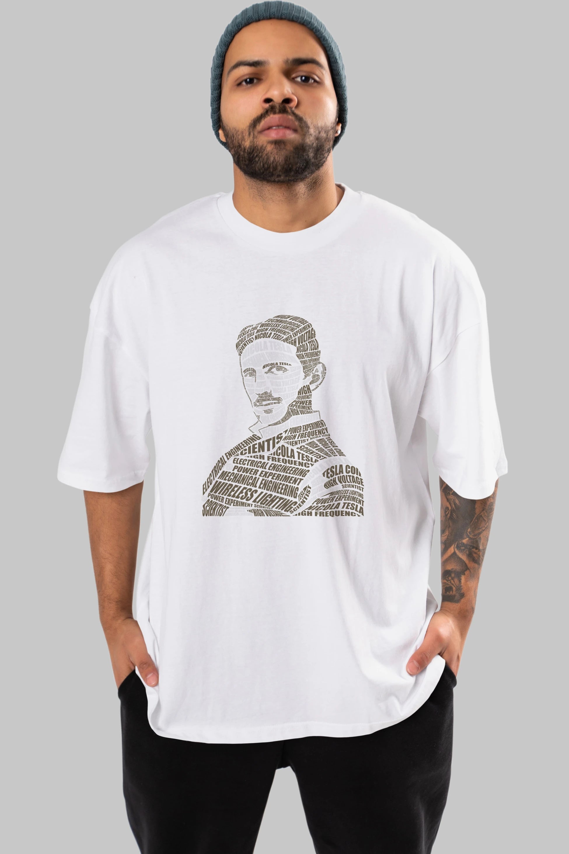 Nikola Tesla Calligram Ön Baskılı Oversize t-shirt %100 pamuk Erkek Kadın Unisex