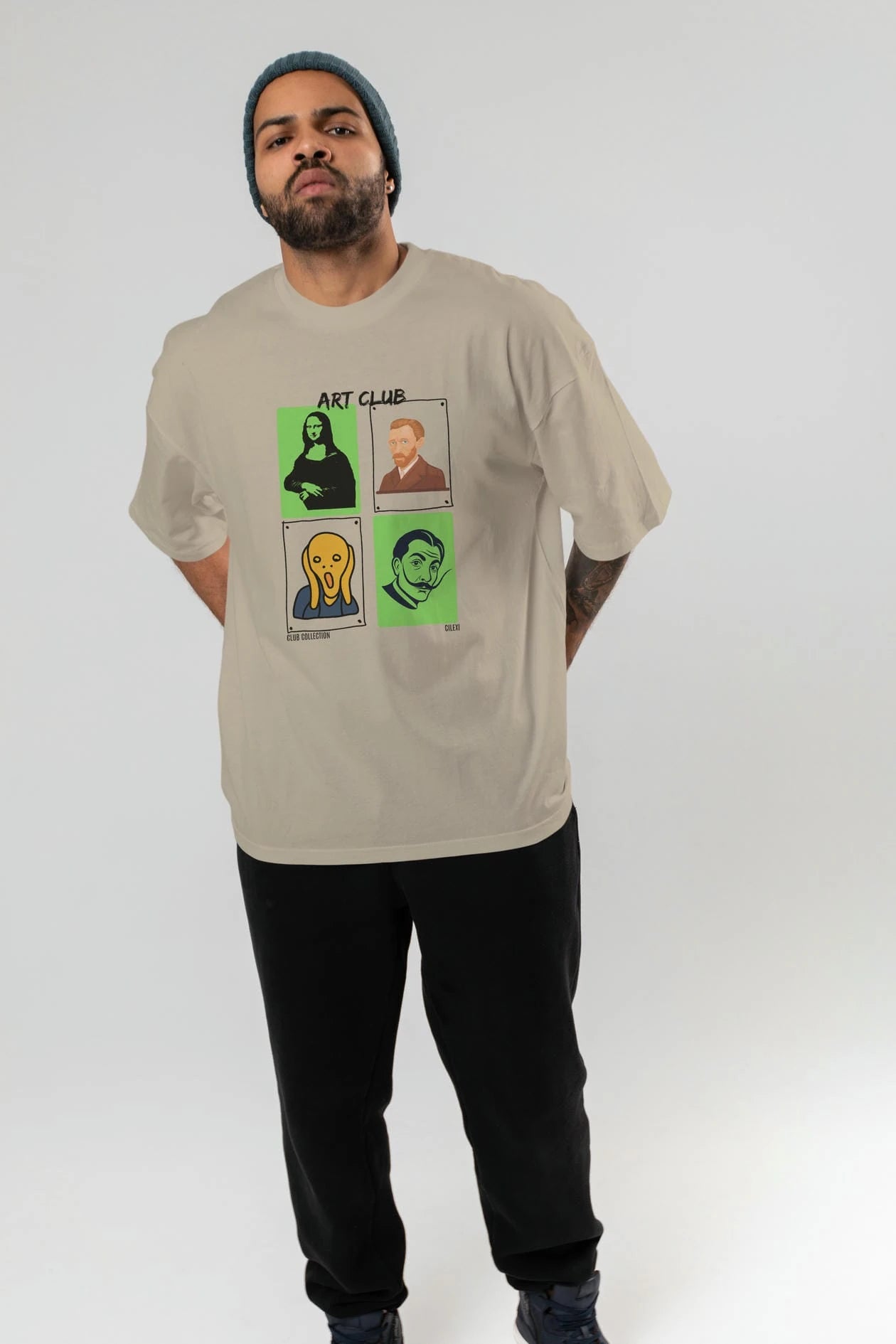 Art Club ön Baskılı Oversize t-shirt Erkek Kadın %100 Pamuk Bisiklet Yaka tişort
