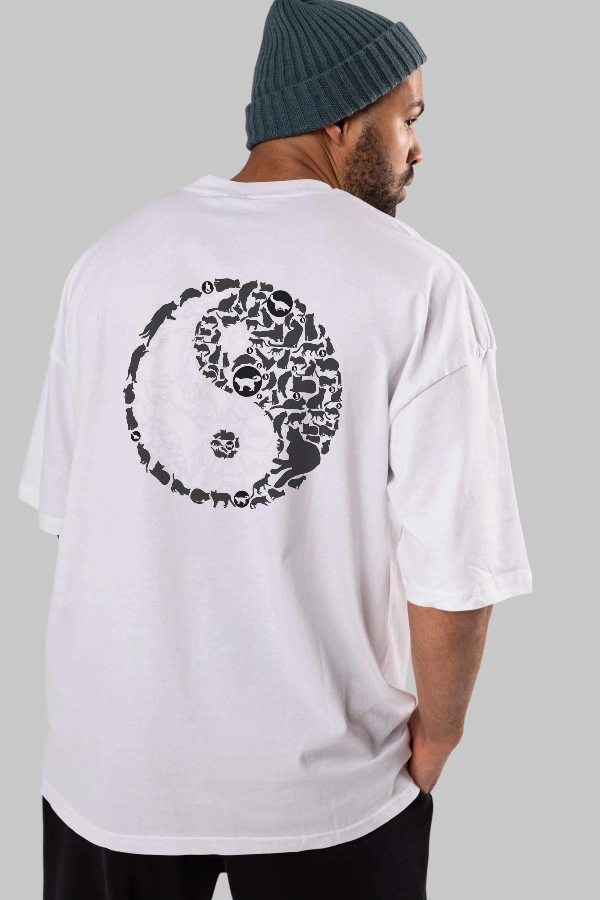 YinYang Cats Arka Baskılı Oversize t-shirt %100 pamuk Erkek Kadın Unisex