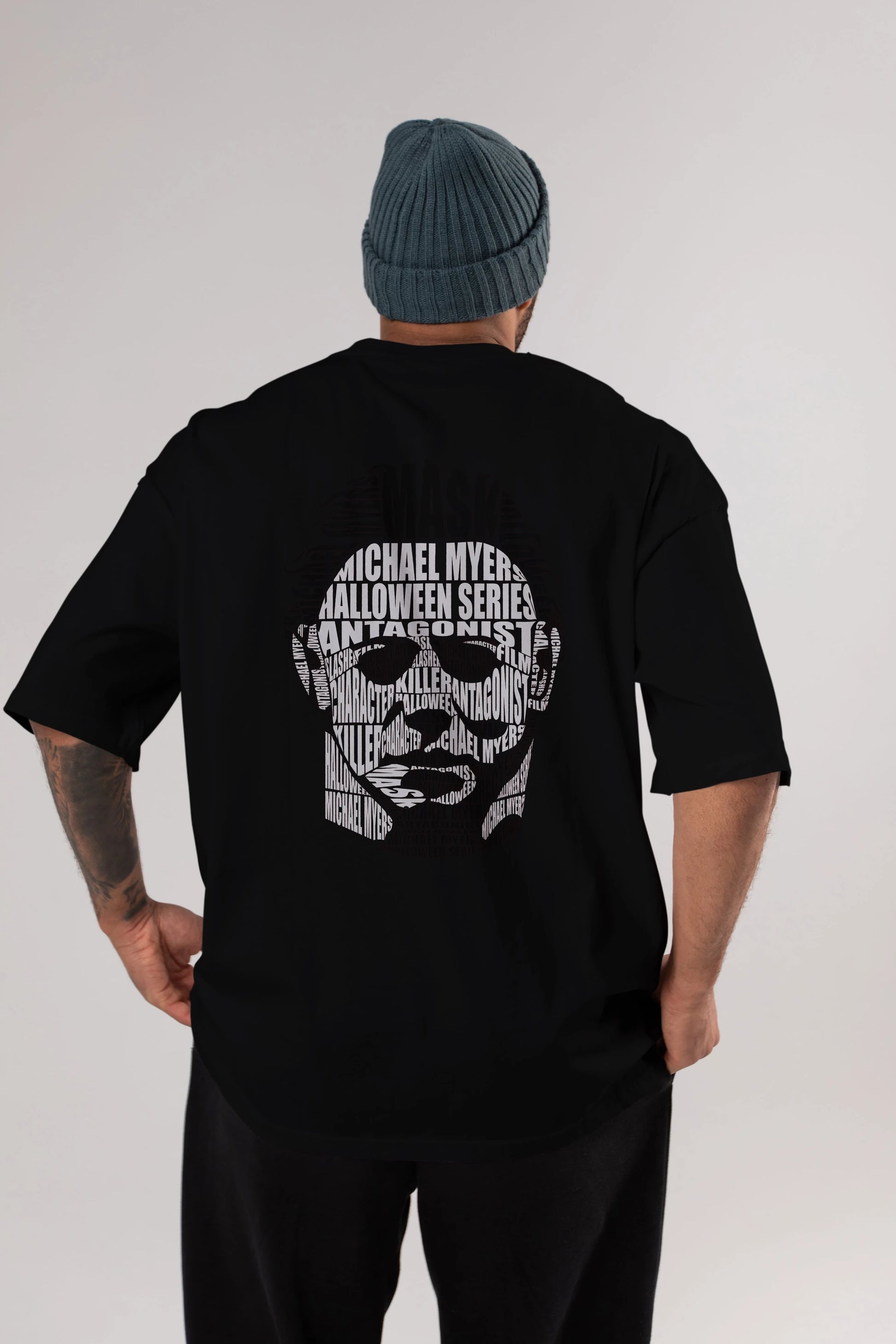 Michael Myers Calligram Arka Baskılı Oversize t-shirt %100 pamuk Erkek Kadın Unisex