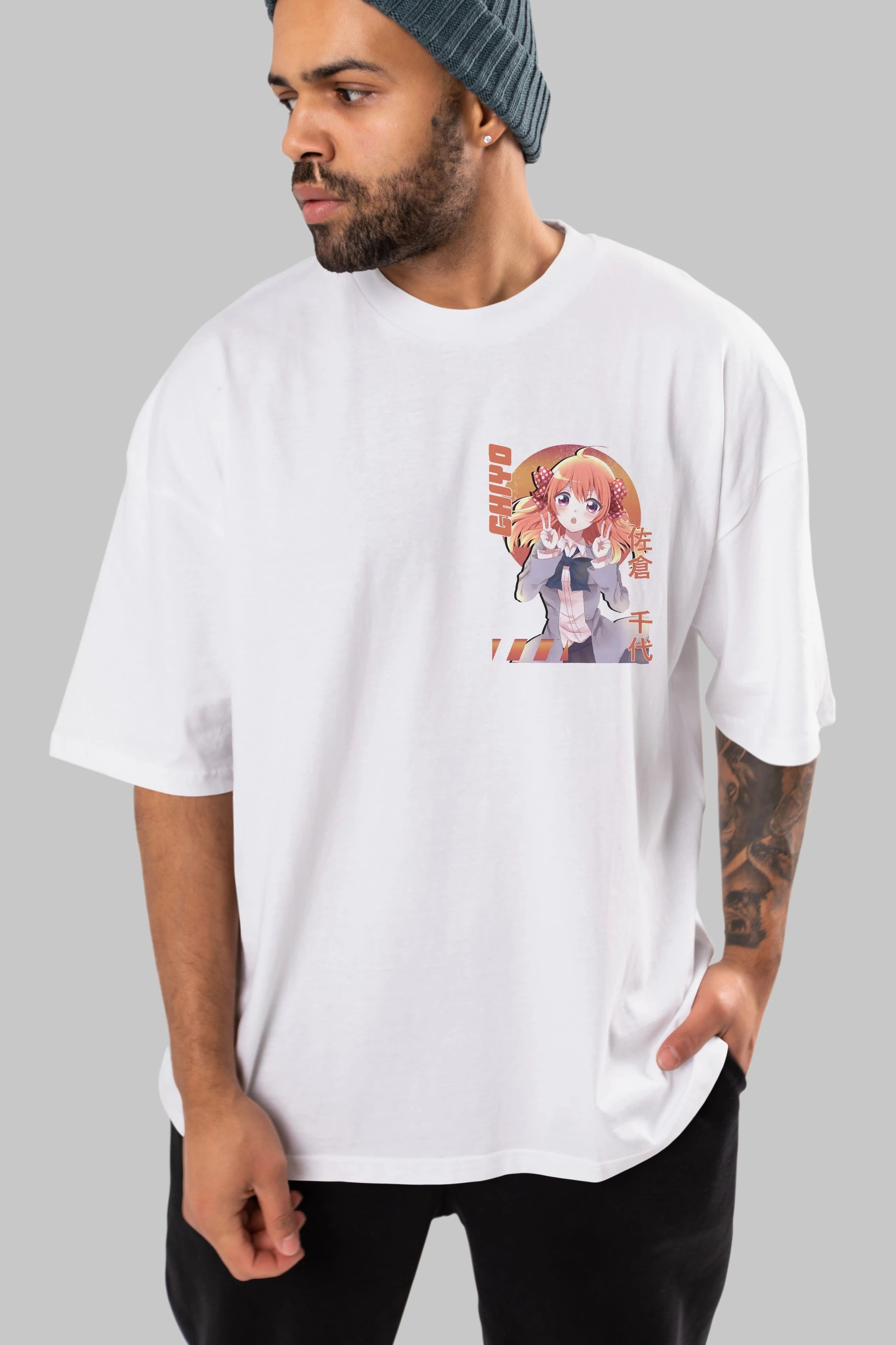 Chiyo Sakura 5 Ön Sol Baskılı Oversize t-shirt Erkek Kadın Unisex %100 Pamuk Bisiklet Yaka tişort